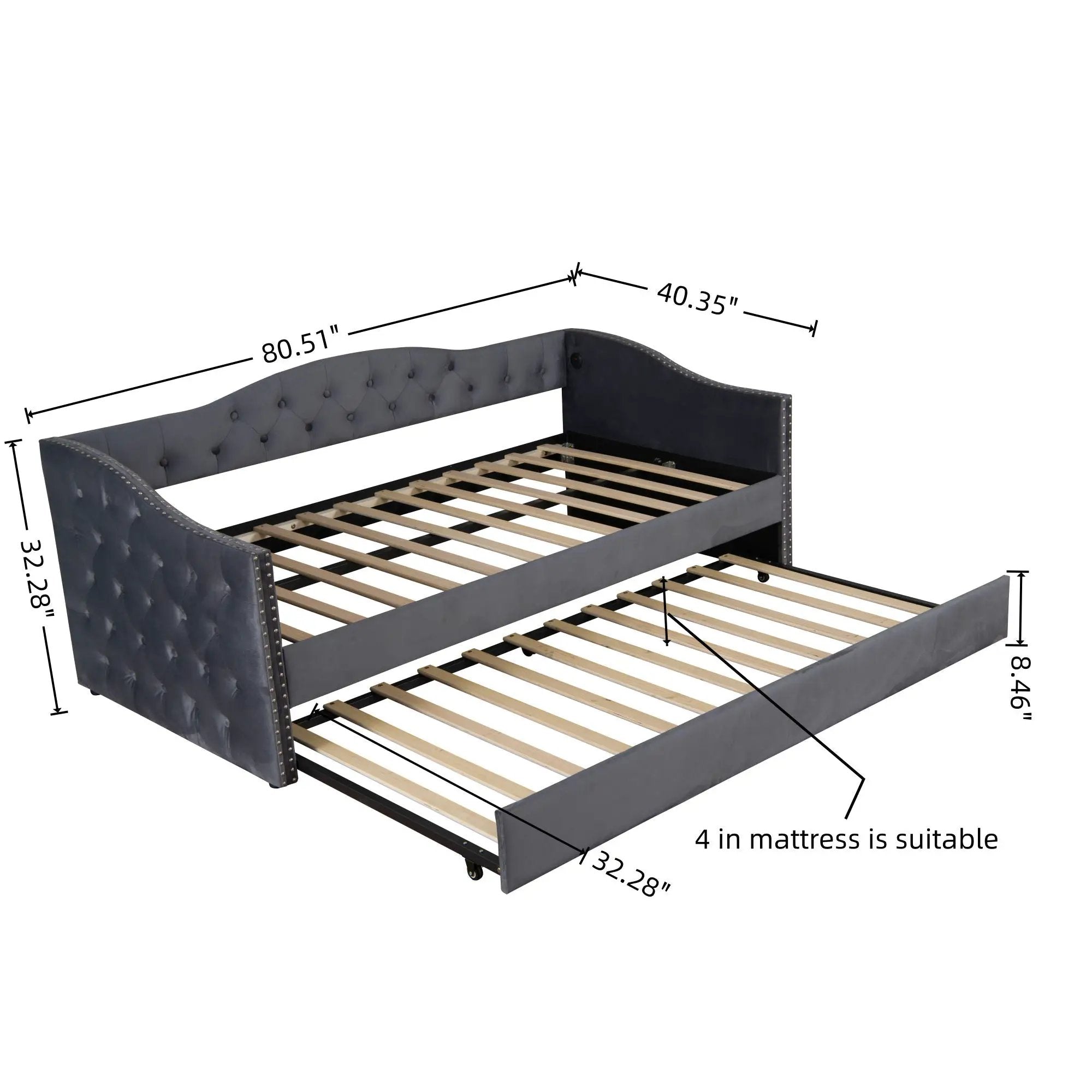 Twin Size Upholstered Daybed With Trundle And USB Charging Design For Bedroom - Gray by HouseOfZazla