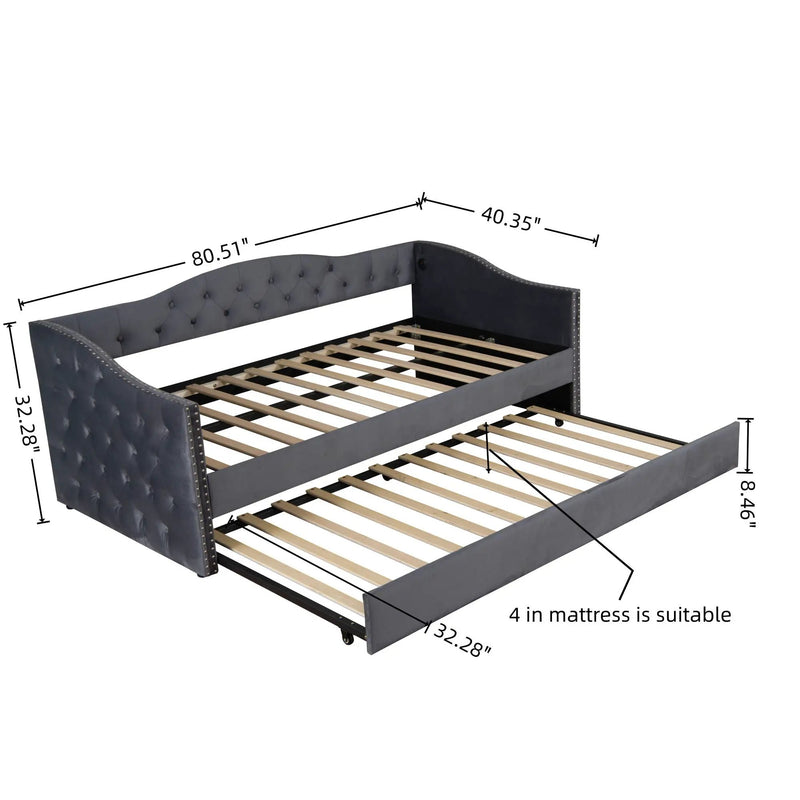 Twin Size Upholstered Daybed With Trundle And USB Charging Design For Bedroom - Gray by HouseOfZazla