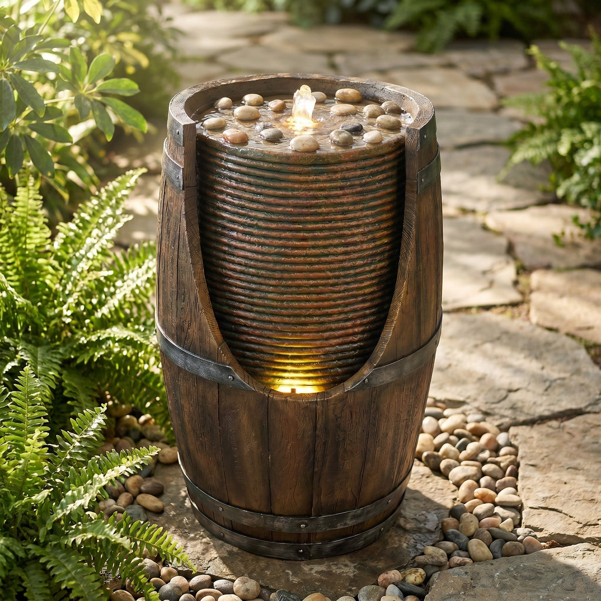 Resin Rustic Barrel Outdoor Water Fountain 24 Inch LED, photo 10 of 10