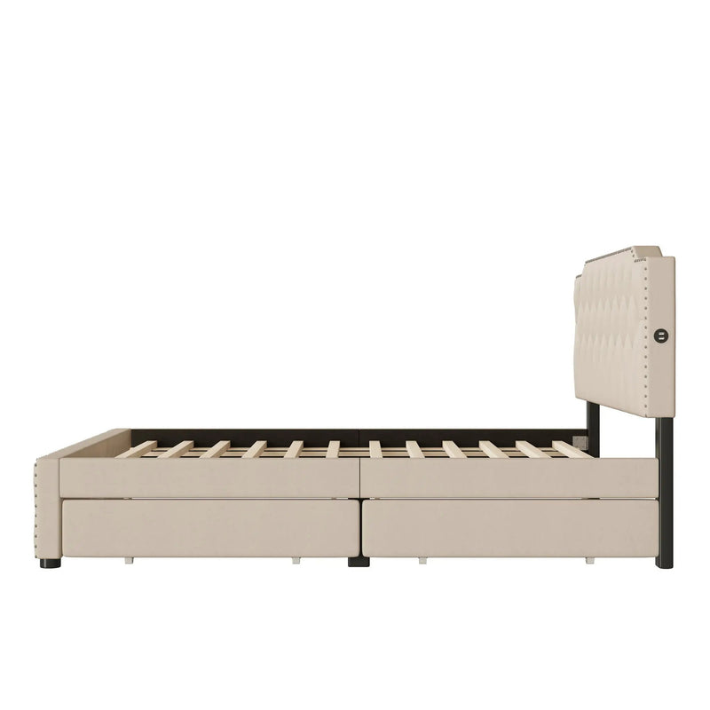 Upholstered Platform Bed With 2 Drawers And 2 Sets Of USB Ports On Each Side, Fabric by HouseOfZazla
