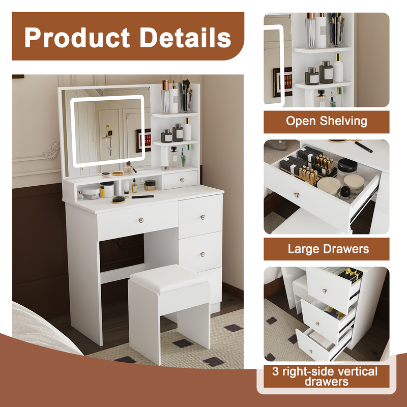 Fashion Vanity Desk with Mirror & 3-Color Dimmable LED Lights by HouseOfZazla