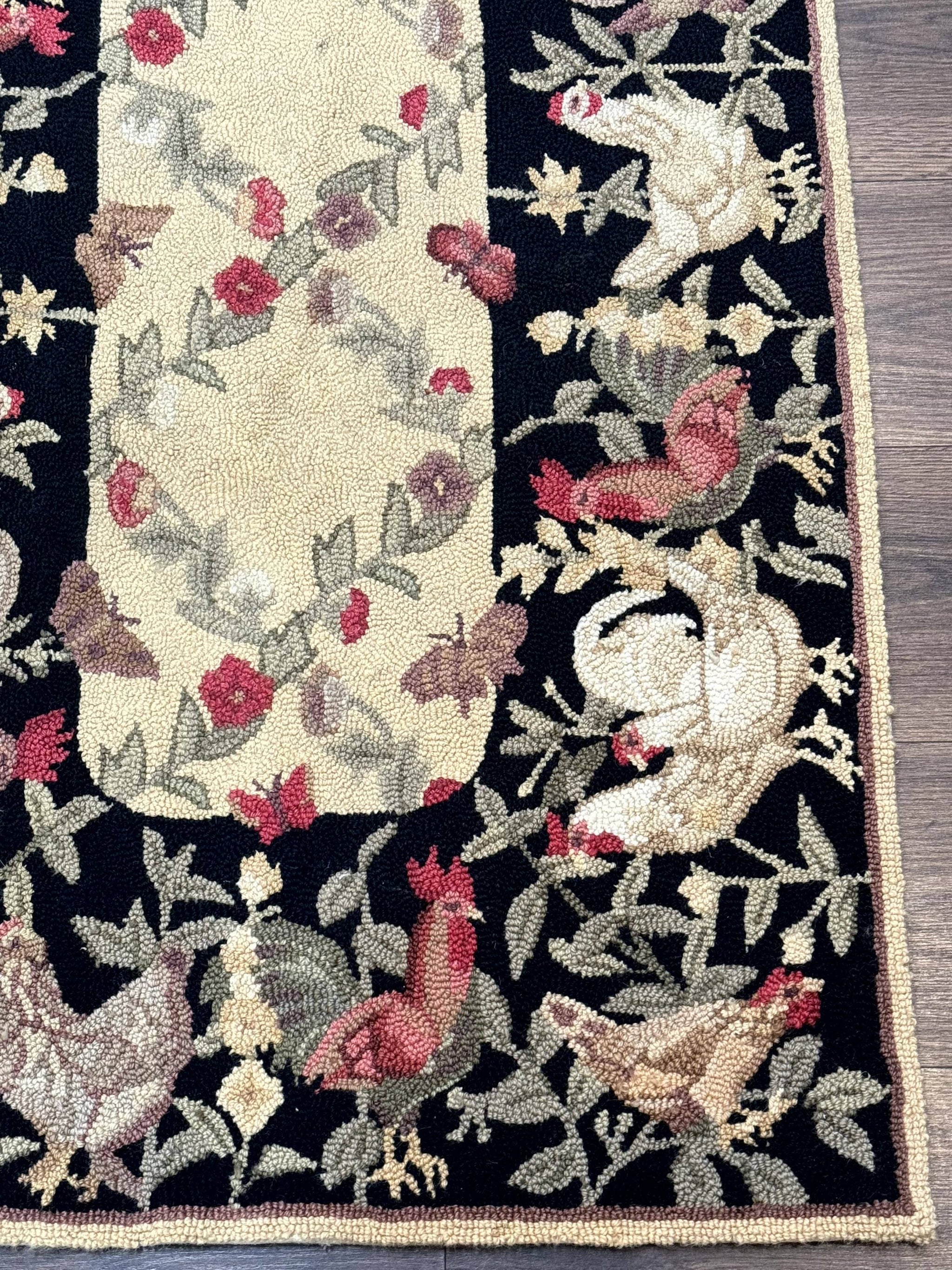 Small Vintage Hooked Rug, Roosters, Handmade, Wool by Jewel Rugs