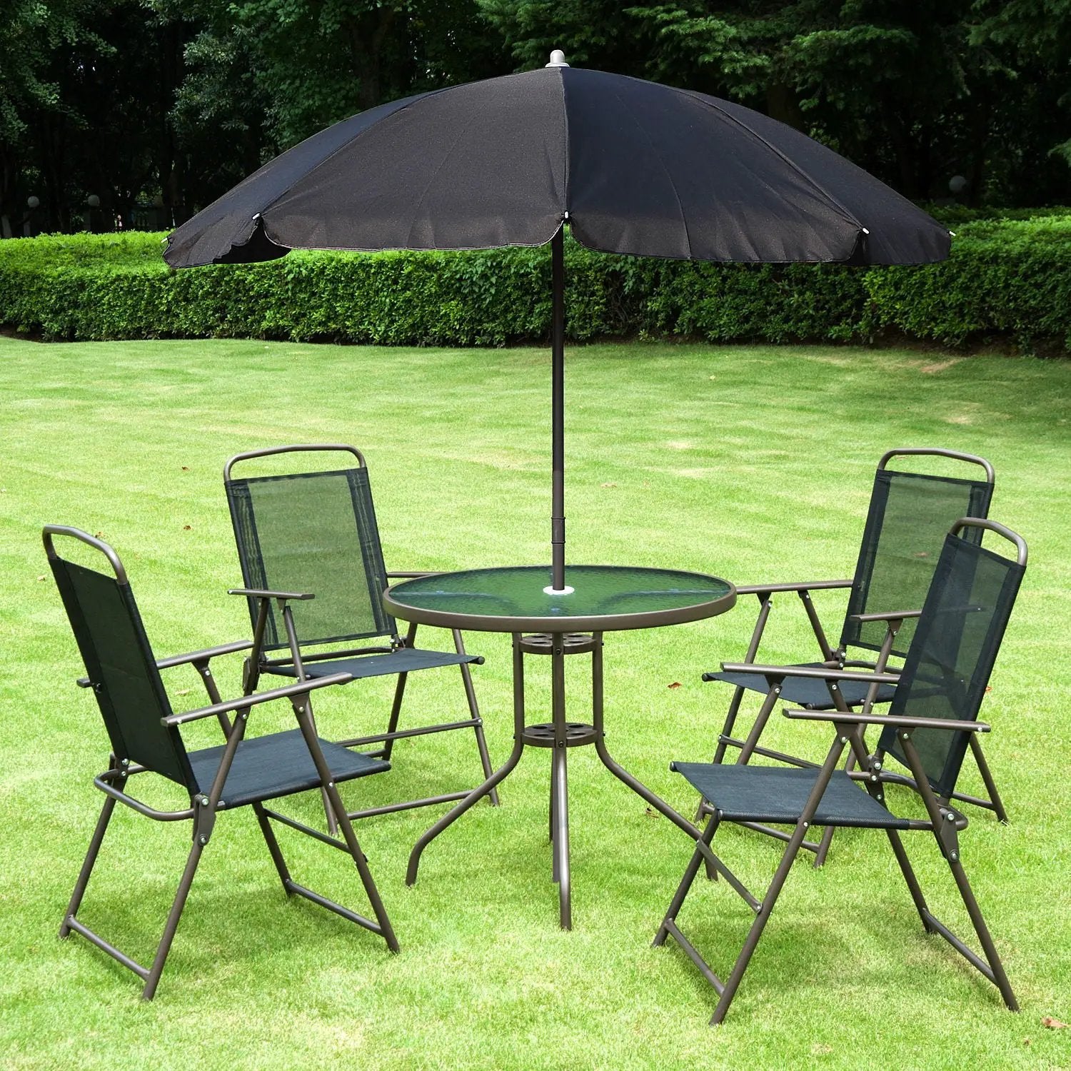 Outsunny - Patio Dining Set With Table Umbrella, Folding Chairs And Dining Table, Outdoor Patio Furniture Set by HouseOfZazla