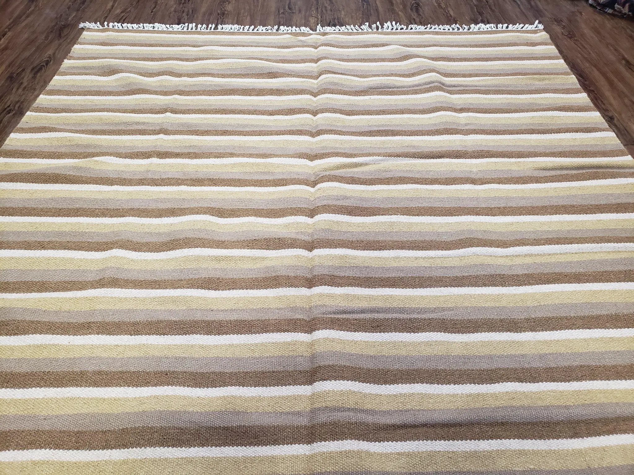 Indian Striped Blanket 6x9, Large Indo Kilim Area Rug, Earthern Tones Woolen Hand-Woven Flatweave South American Style Queen Size Bedspread by Jewel Rugs