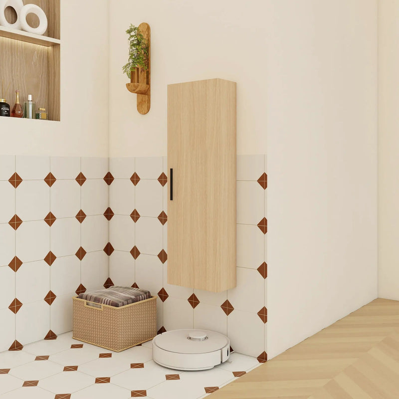 Tall Floating Bathroom Side Cabinet, Wall Mounted Single Door Storage - Light Oak by Unique Piece Furniture