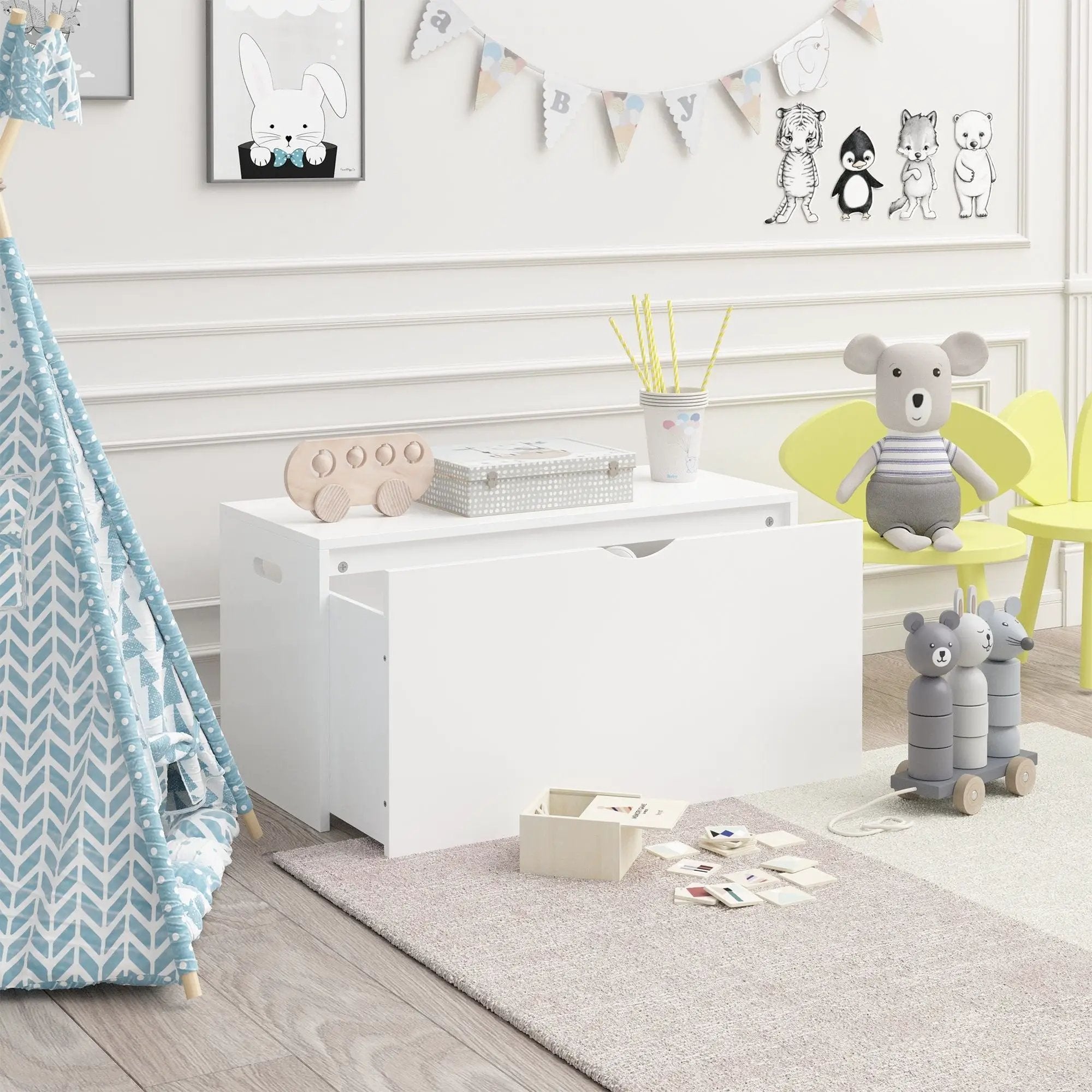 Toy Storage Organizer With Rolling Drawer, Chest With Wheels, Large Pull Out Bin For Nursery - White by Unique Piece Furniture