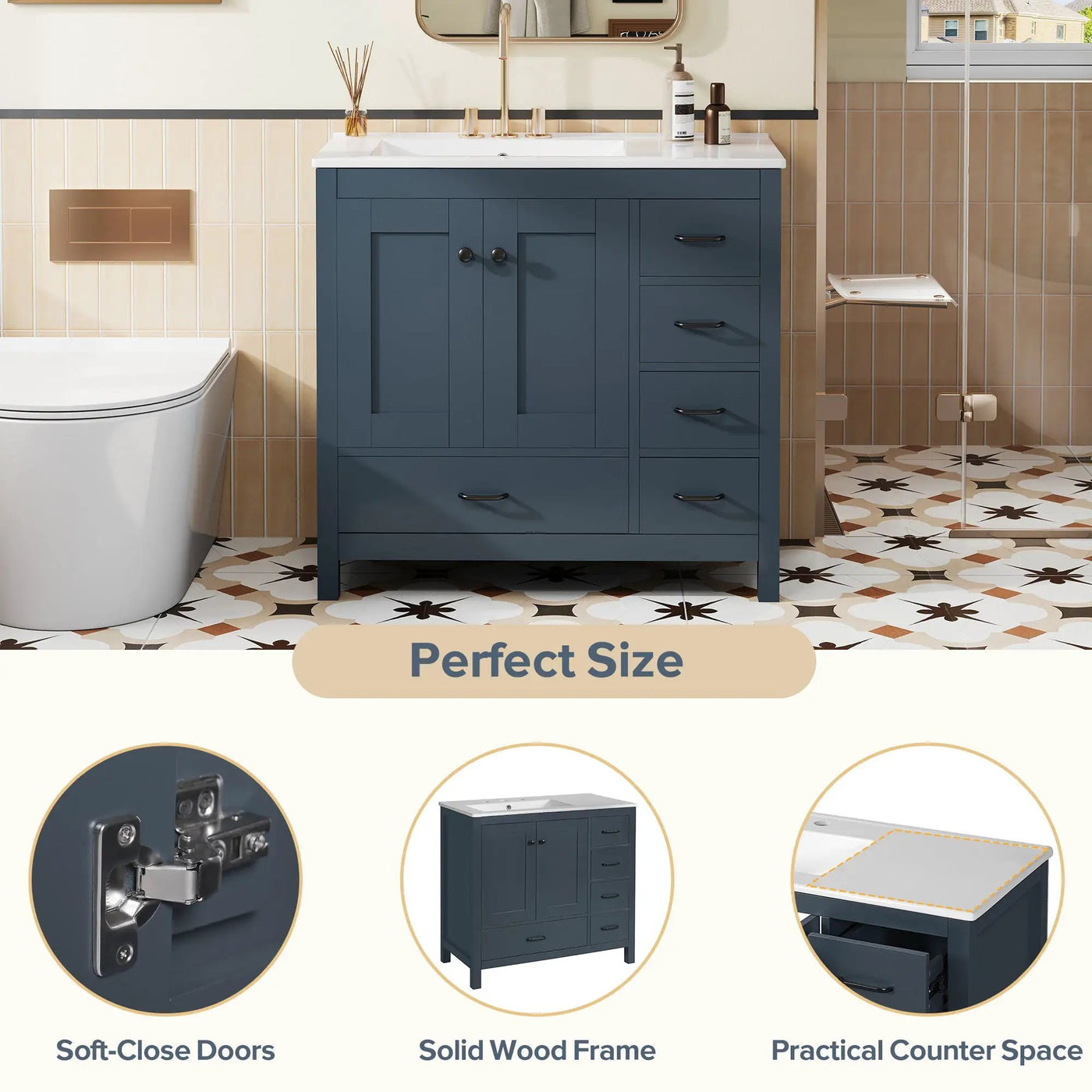 Bathroom Vanity With Ceramic Sink Combo, Abundant Storage Cabinet 2 Soft Close Doors And 5 Drawers by Unique Piece Furniture