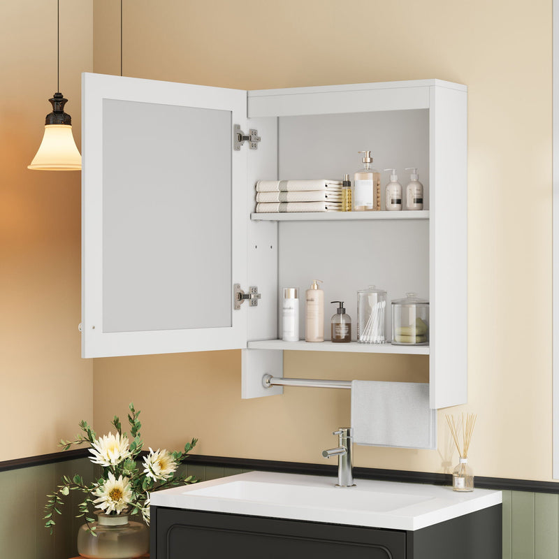 3 In 1 Wall Mounted Bathroom Mirror Cabinet With Adjustable Shelf, Soft Close Door, Mirror & Towel Bar - White by Unique Piece Furniture