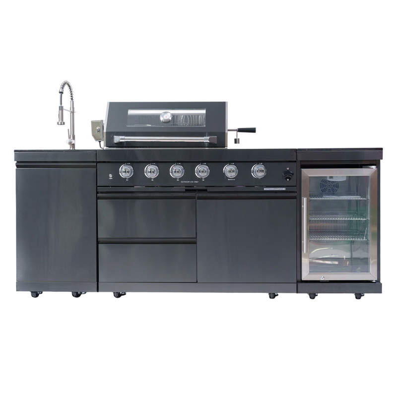 NG 85" 4-Burner 72,000 BTU Black Outdoor Kitchen Island Grill + Refrigerator + Sink by Chery Industrial