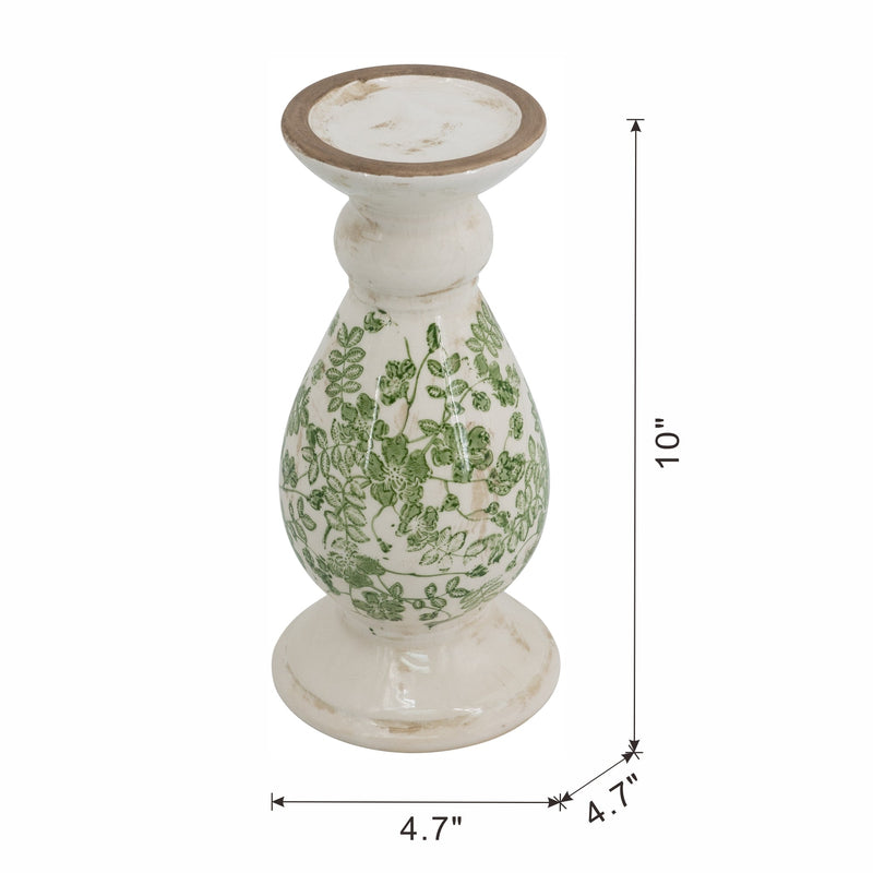 D4.7x10' White Ceramic Candle Holder with Green Floral Patterns, Small by HouseOfZazla