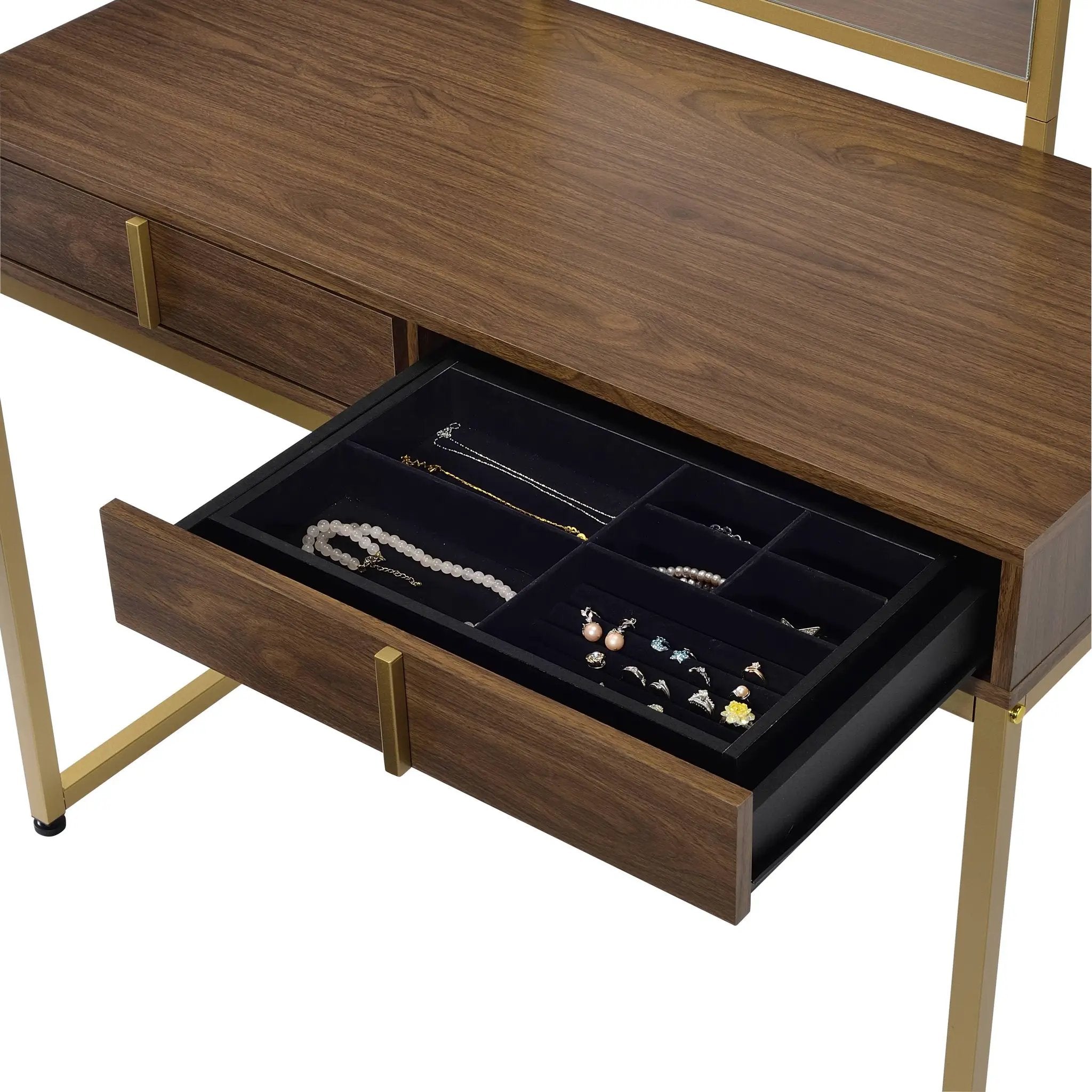 Coleen Walnut & Gold Finish Vanity Desk with Mirror & Jewelry Tray by HouseOfZazla