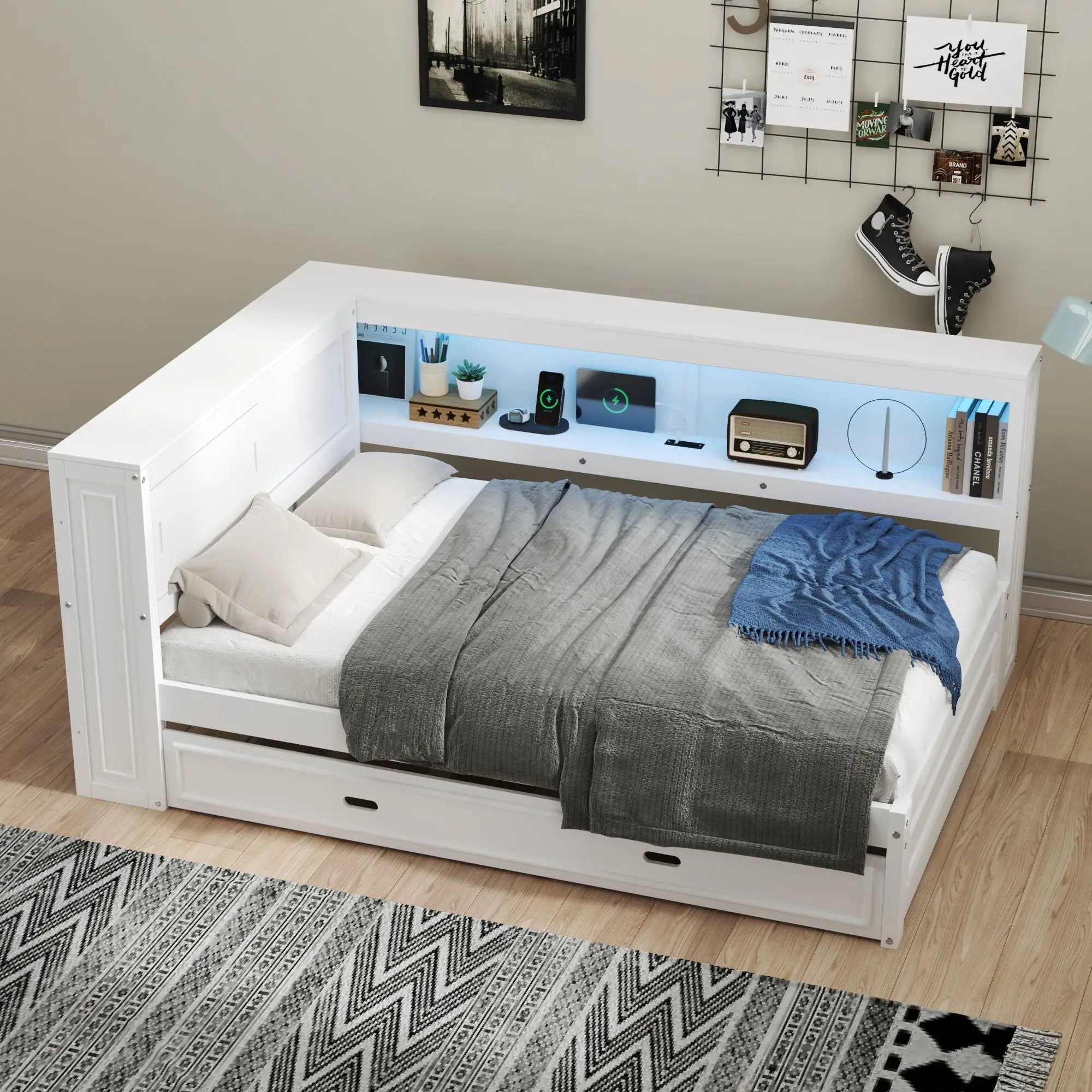 Daybed With Storage Shelves, LED, USB, And Trundle by Unique Piece Furniture