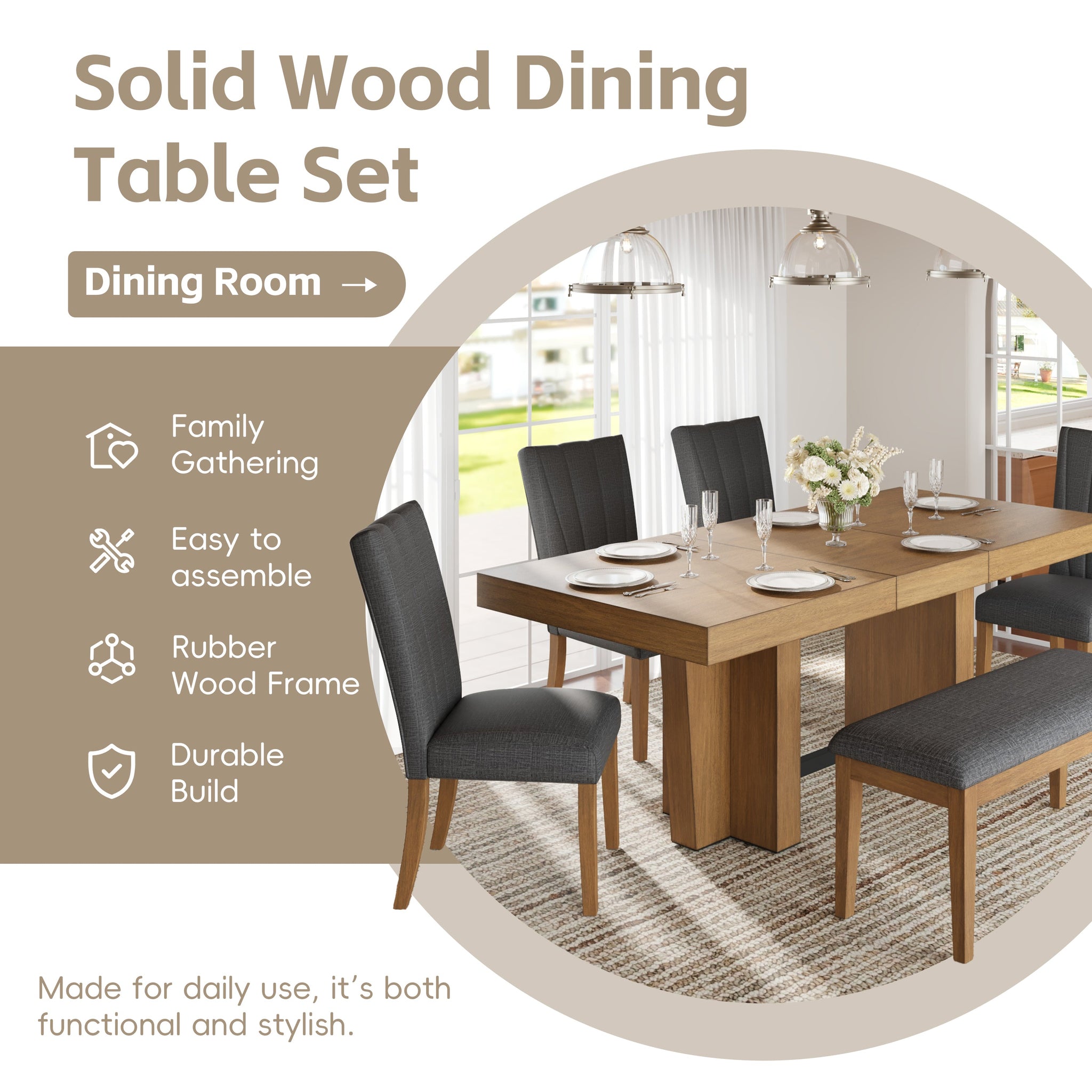 TOPMAX Farmhouse Extendable Wood Dining Table Set for 6 by HouseOfZazla