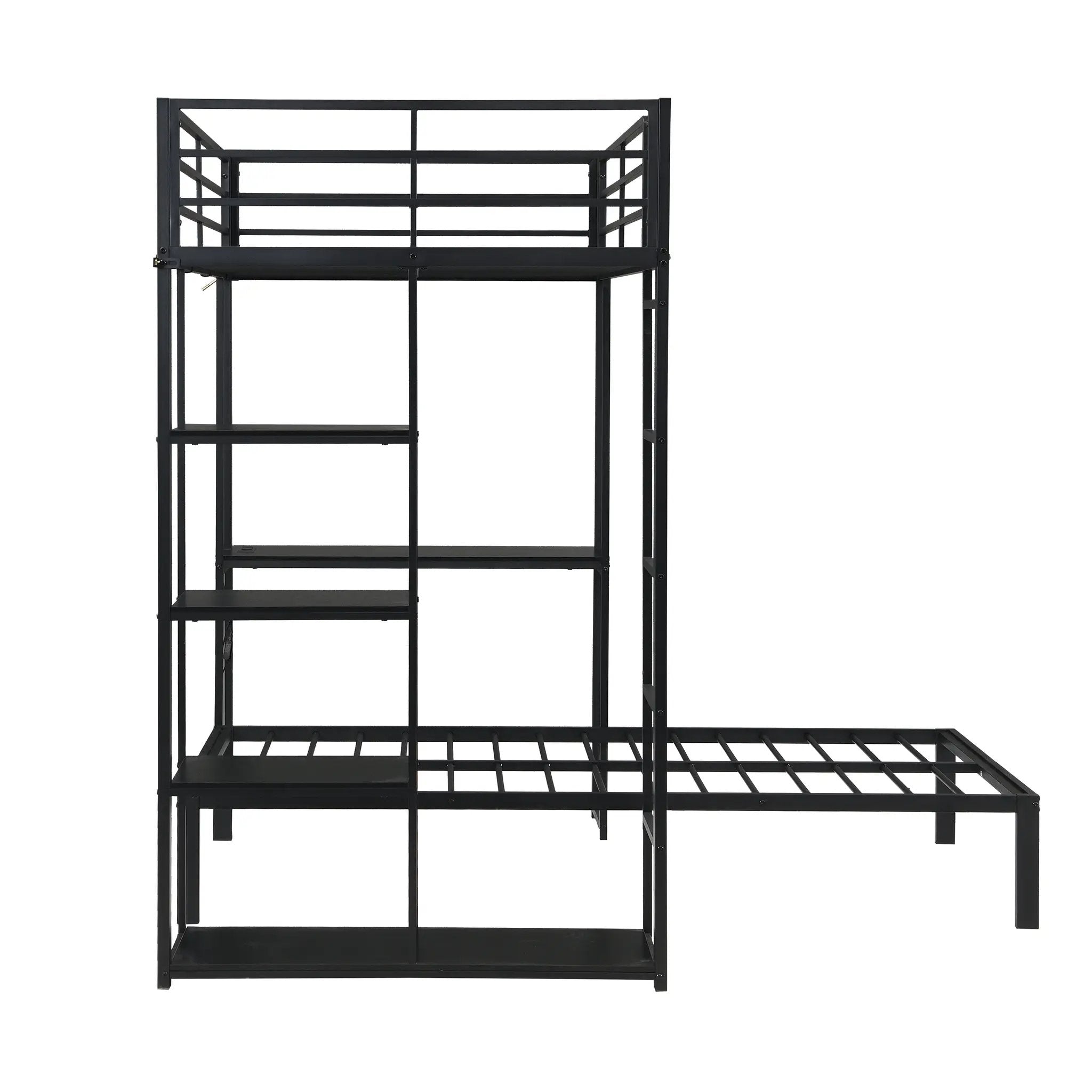 Metal Loft Bed Frame with LED Light Strip, Side Storage Shelves & Built-in Desk by HouseOfZazla