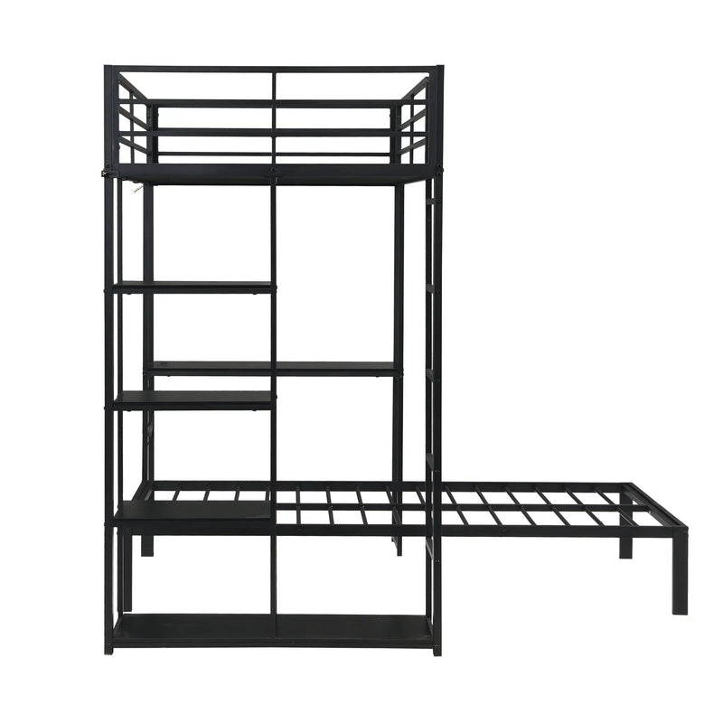 Metal Loft Bed Frame with LED Light Strip, Side Storage Shelves & Built-in Desk by HouseOfZazla