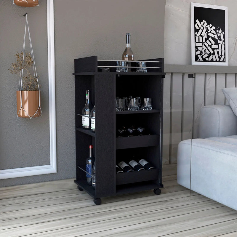 Bar Cart With Glass Door, 2 Side Shelves And Casters - Black by Unique Piece Furniture