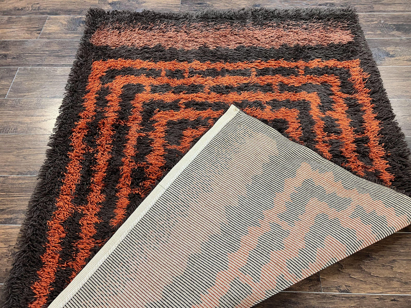 Vintage Rya Shag Rug 4.6 x 6.6, Abstract Design, Brown and Orange, Mid Century Danish Rya Carpet by Jewel Rugs