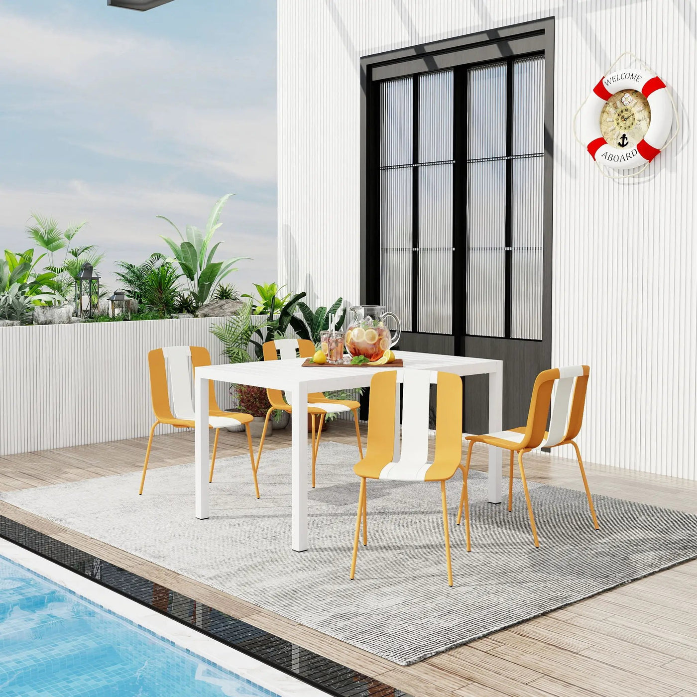 4 Piece Set Of Modern Striped Color- Blocking Single Chairs With Long Table by HouseOfZazla