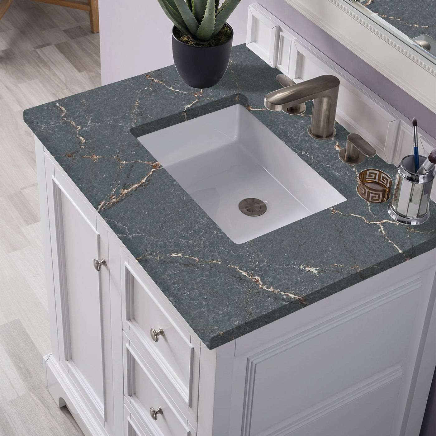 James Martin De Soto 30" Single Bathroom Vanity, Bright White with Parisien Bleu countertop