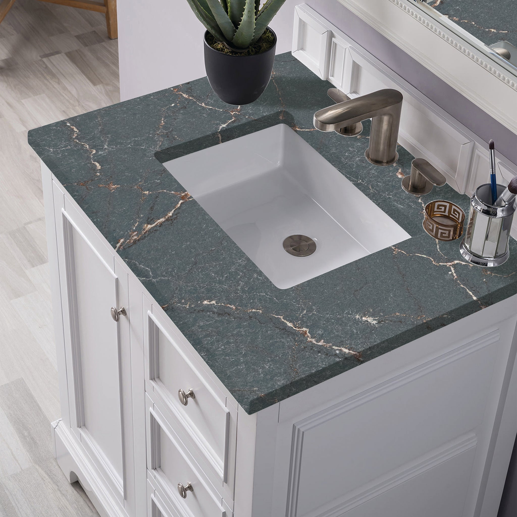 James Martin De Soto 30" Single Bathroom Vanity, Bright White with Parisien Bleu countertop