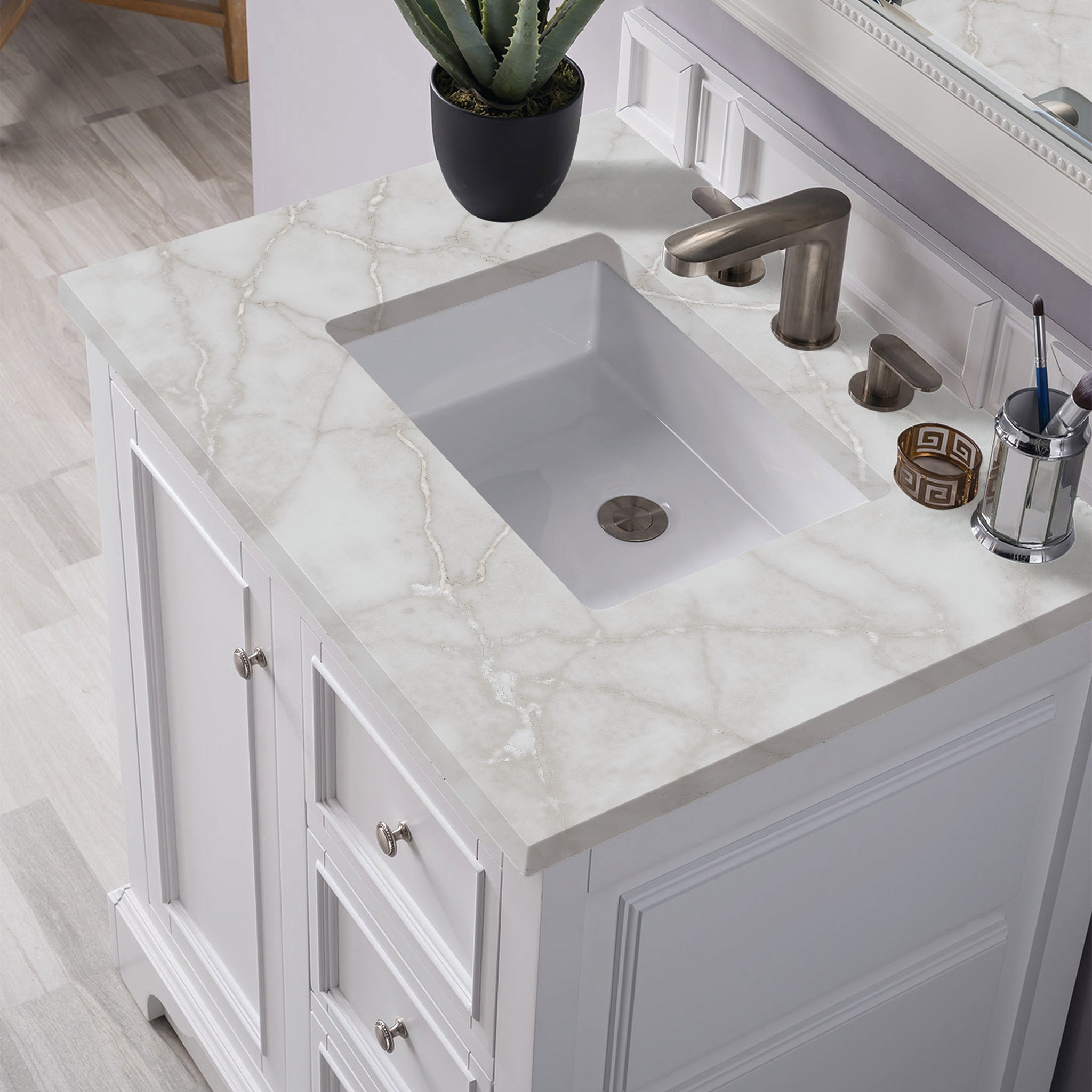 James Martin De Soto 30" Single Bathroom Vanity, Bright White with Victorian Silver countertop