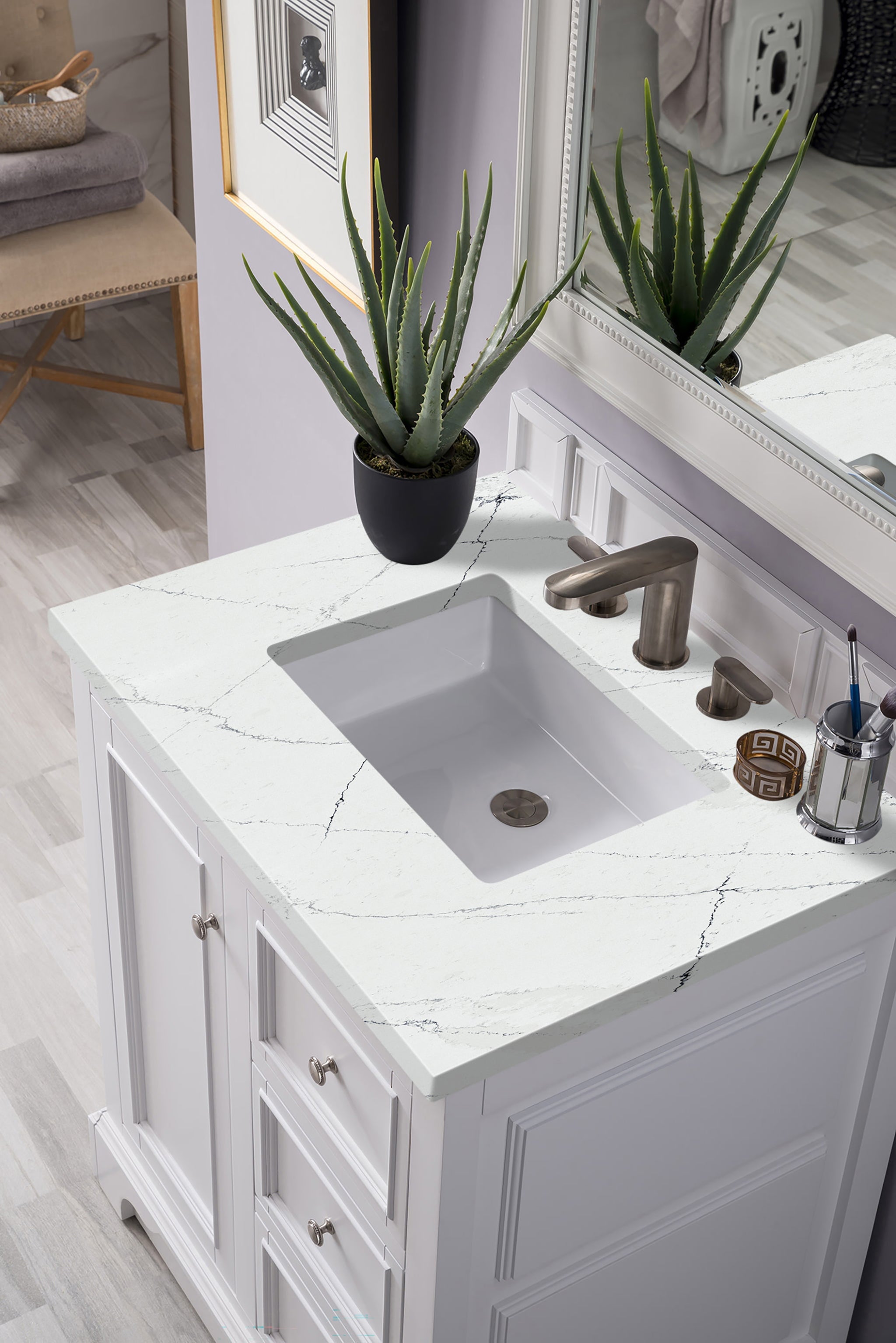 James Martin De Soto 30" Single Bathroom Vanity, Bright White with Ethereal Noctis countertop