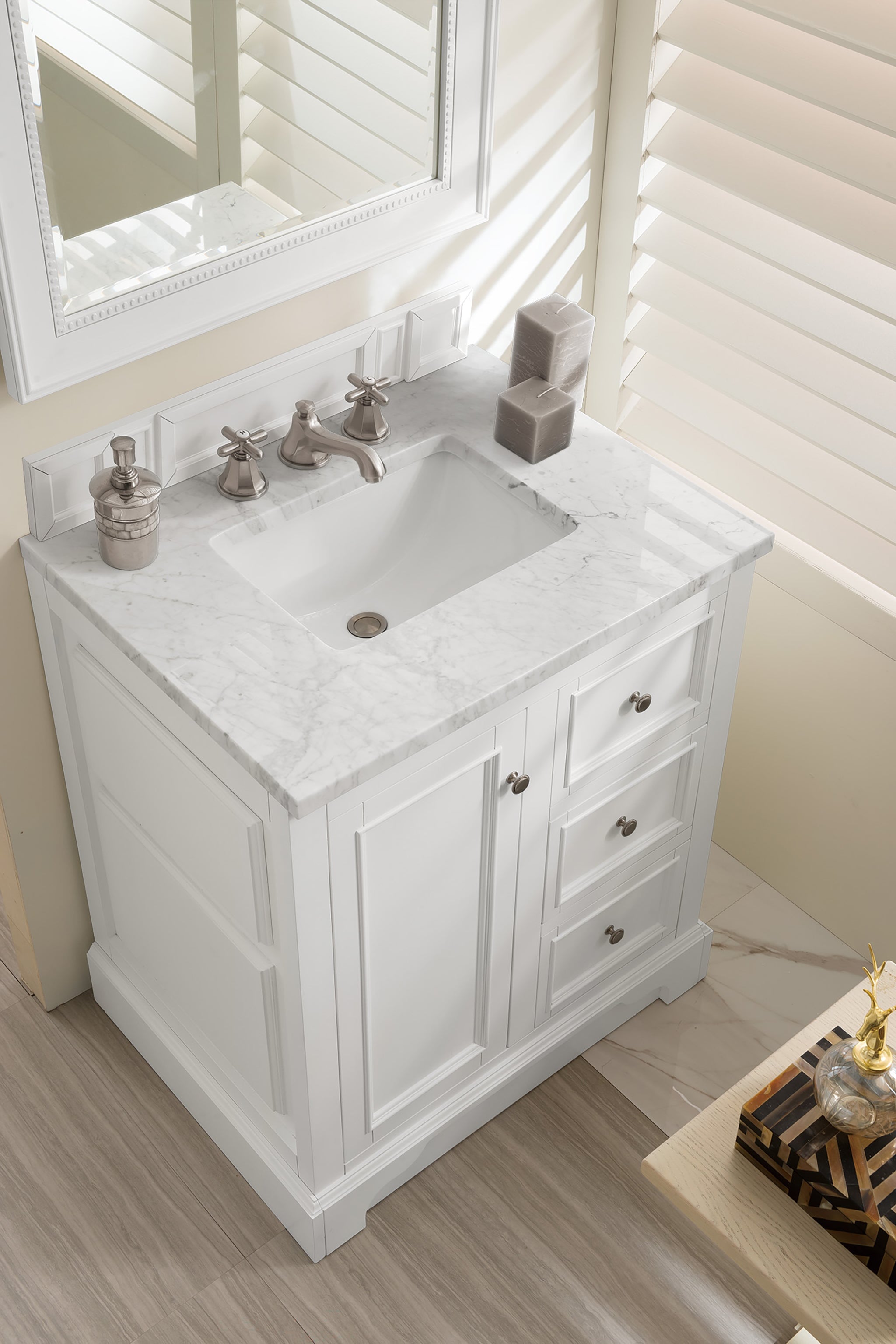 James Martin De Soto 30" Single Bathroom Vanity, Bright White with Carrara White countertop