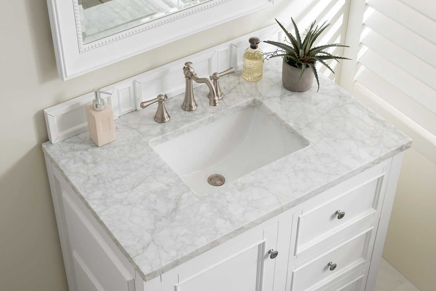 James Martin De Soto 36" Single Bathroom Vanity, Bright White with Carrara White countertop