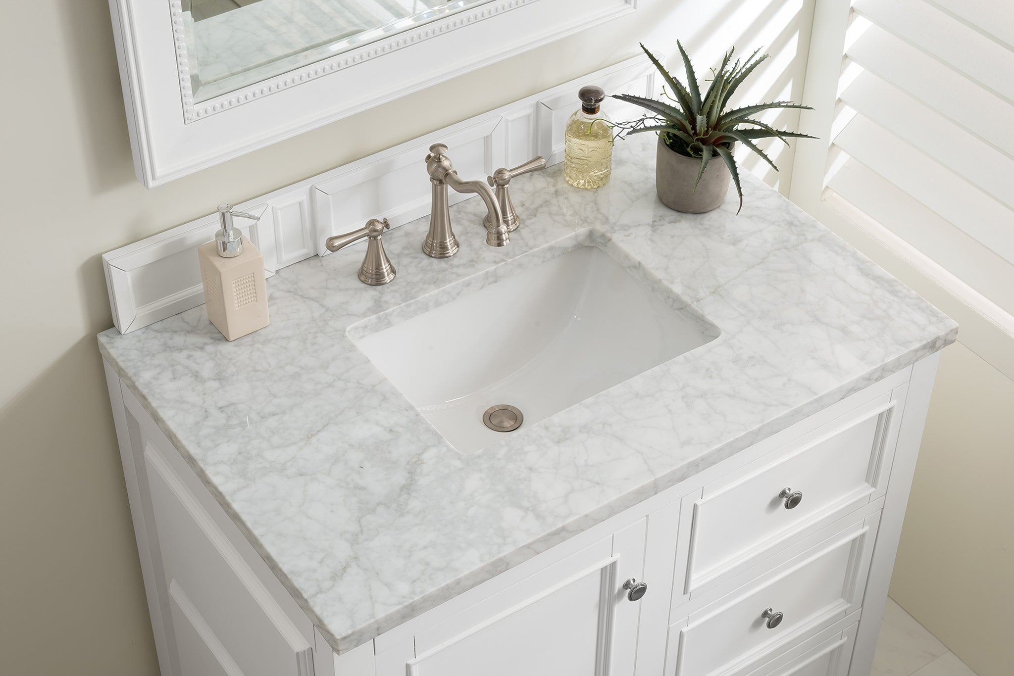 James Martin De Soto 36" Single Bathroom Vanity, Bright White with Carrara White countertop