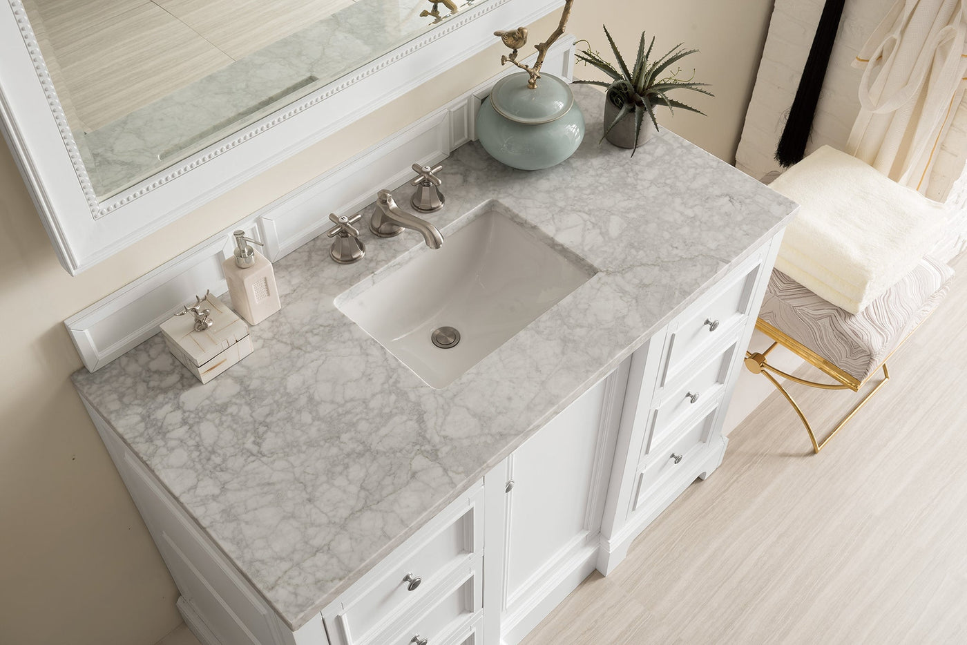 James Martin De Soto 48" Single Bathroom Vanity, Bright White with Carrara White countertop
