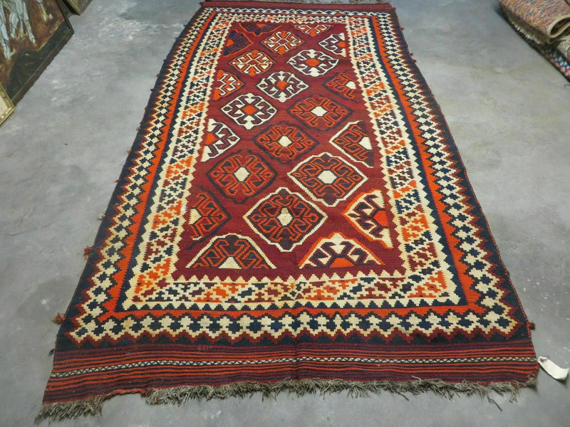 5' X 10' Antique Turkish Kilim Handmade Flat Weave Wool Rug Red Colorful Veg Dye Bohemian Boho Chic Tribal Style And Design by Jewel Rugs
