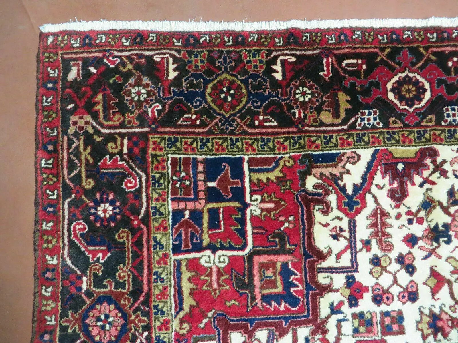 Wonderful Persian Heriz Rug 8.6 x 11, Geometric Heriz Carpet, Semi Antique Decorative Area Rug, Red Ivory Dark Blue Handmade Wool Room Sized by Jewel Rugs