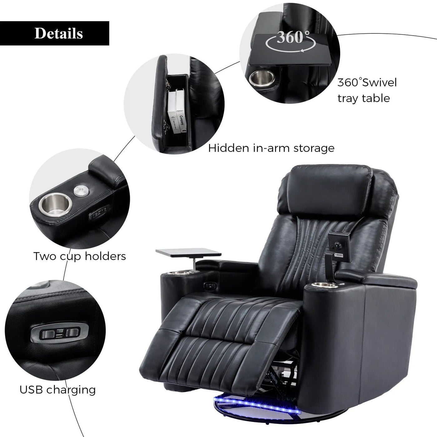 270° Power Swivel Recliner Home Theater Chair With Hidden Arm Storage, LED Light, Cup Holder, And Tray Table by Unique Piece Furniture