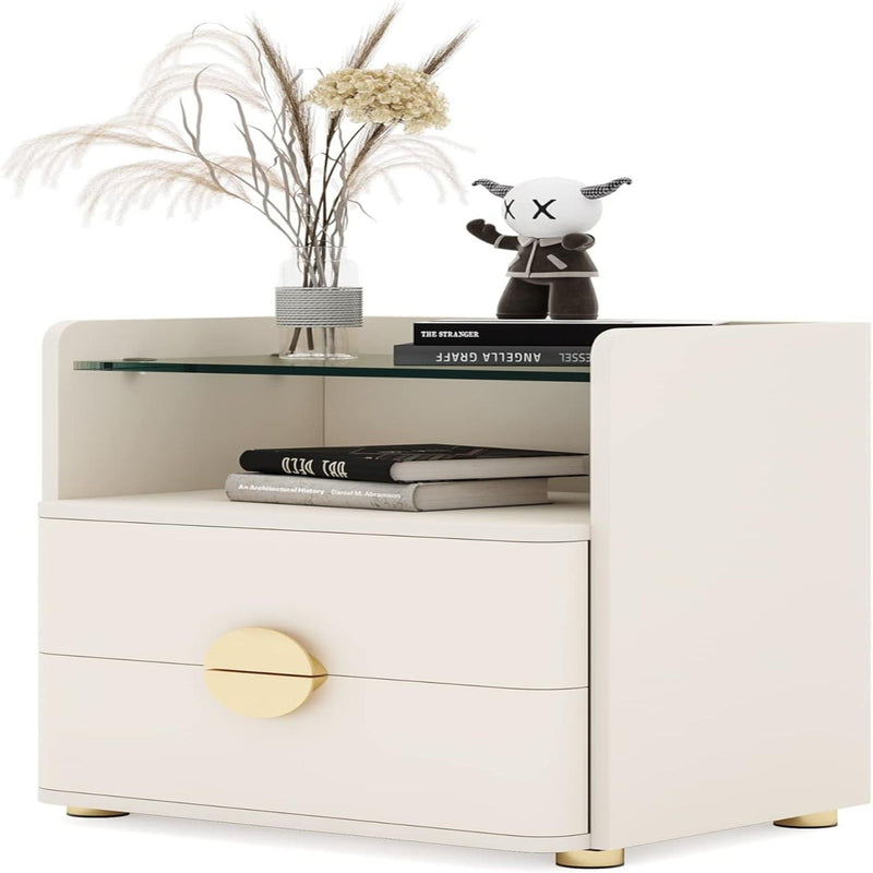 2 Drawer Nightstand With Open Shelf, Bedside Table - Beige by HouseOfZazla
