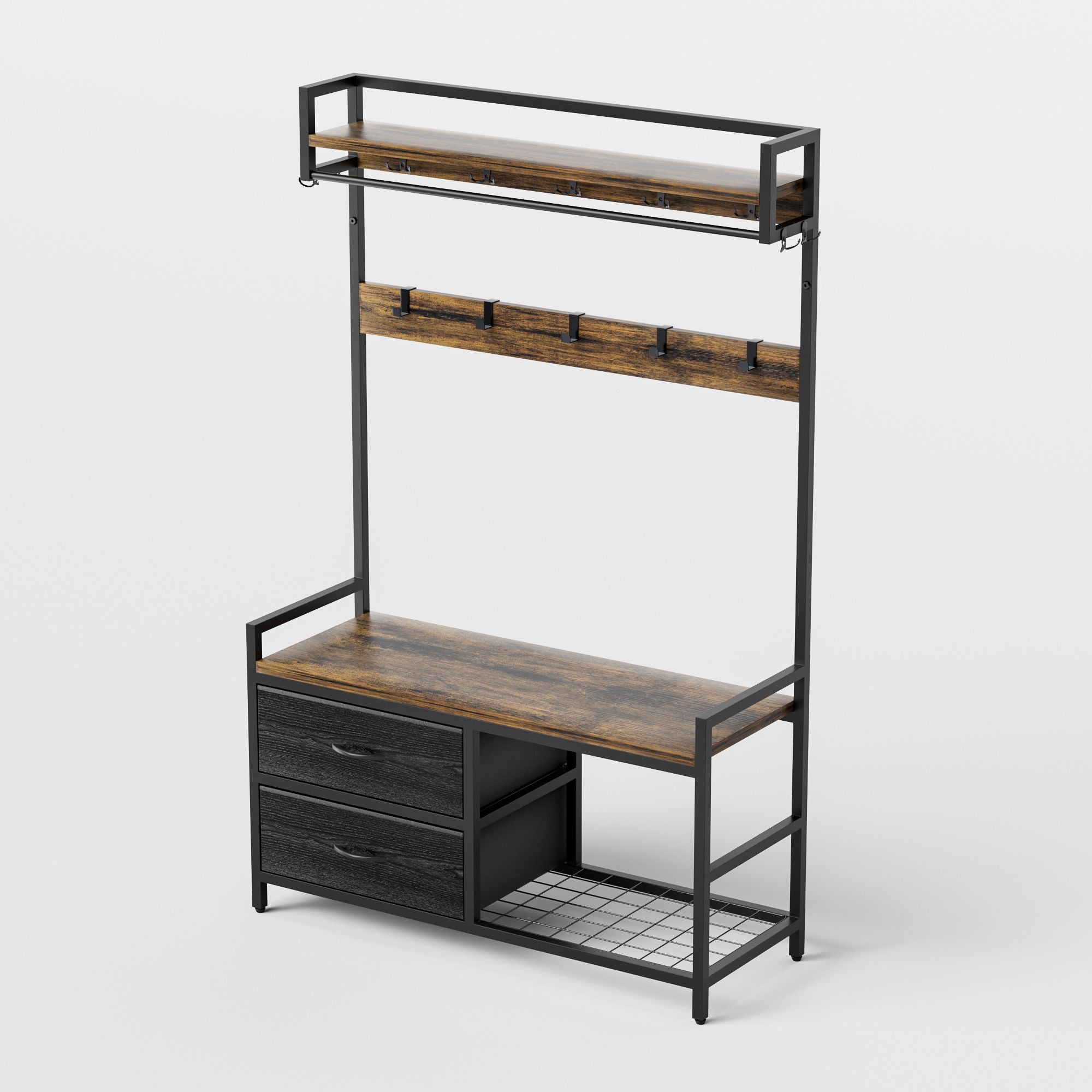 Hall Tree With 2 Movable Drawers, Shoe Storage, Shelves, Garment Racks, And 23 Hooks For Entryway - Rustic Brown by HouseOfZazla