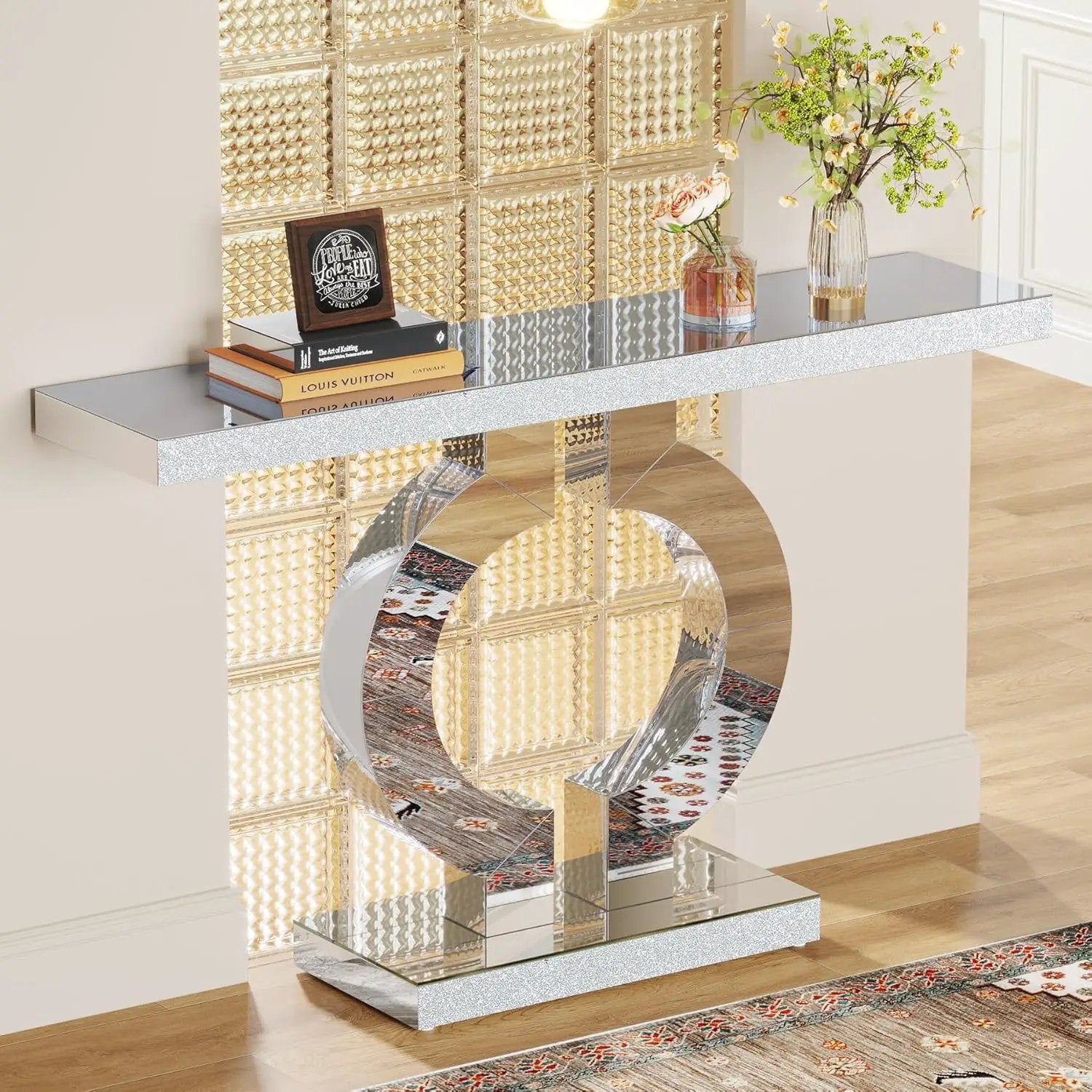 Mirrored Console Table With O-Shaped Base For Living Hallway - Silver / Clear by HouseOfZazla