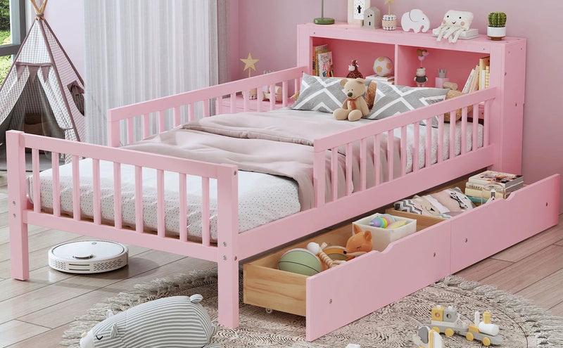 Bed With Headboard Storage Rack, 2 Under Bed Drawers, 3 Side Guardrails For Safety by HouseOfZazla