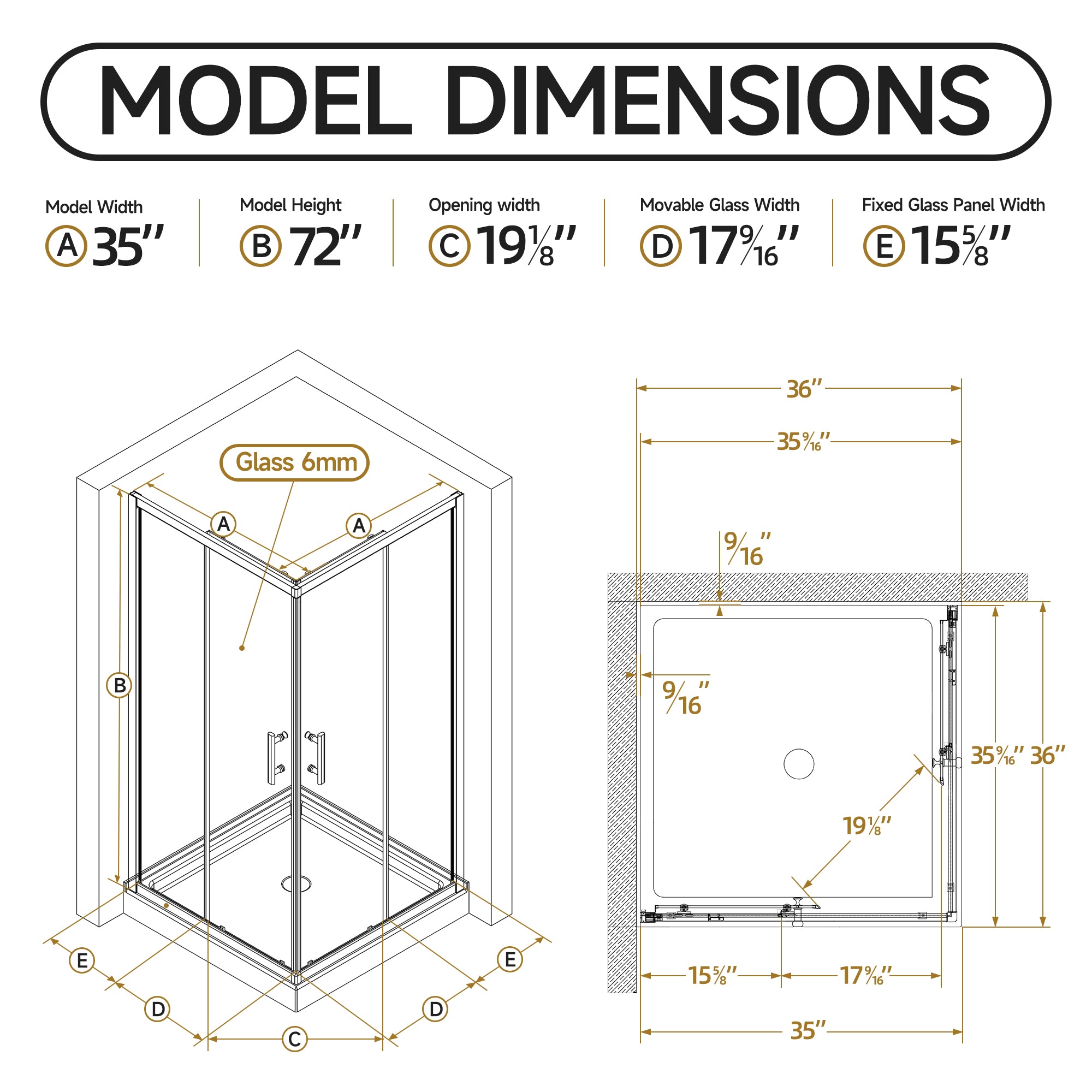 36" D x 36" W x 72" H Corner Shower Enclosure by HouseOfZazla