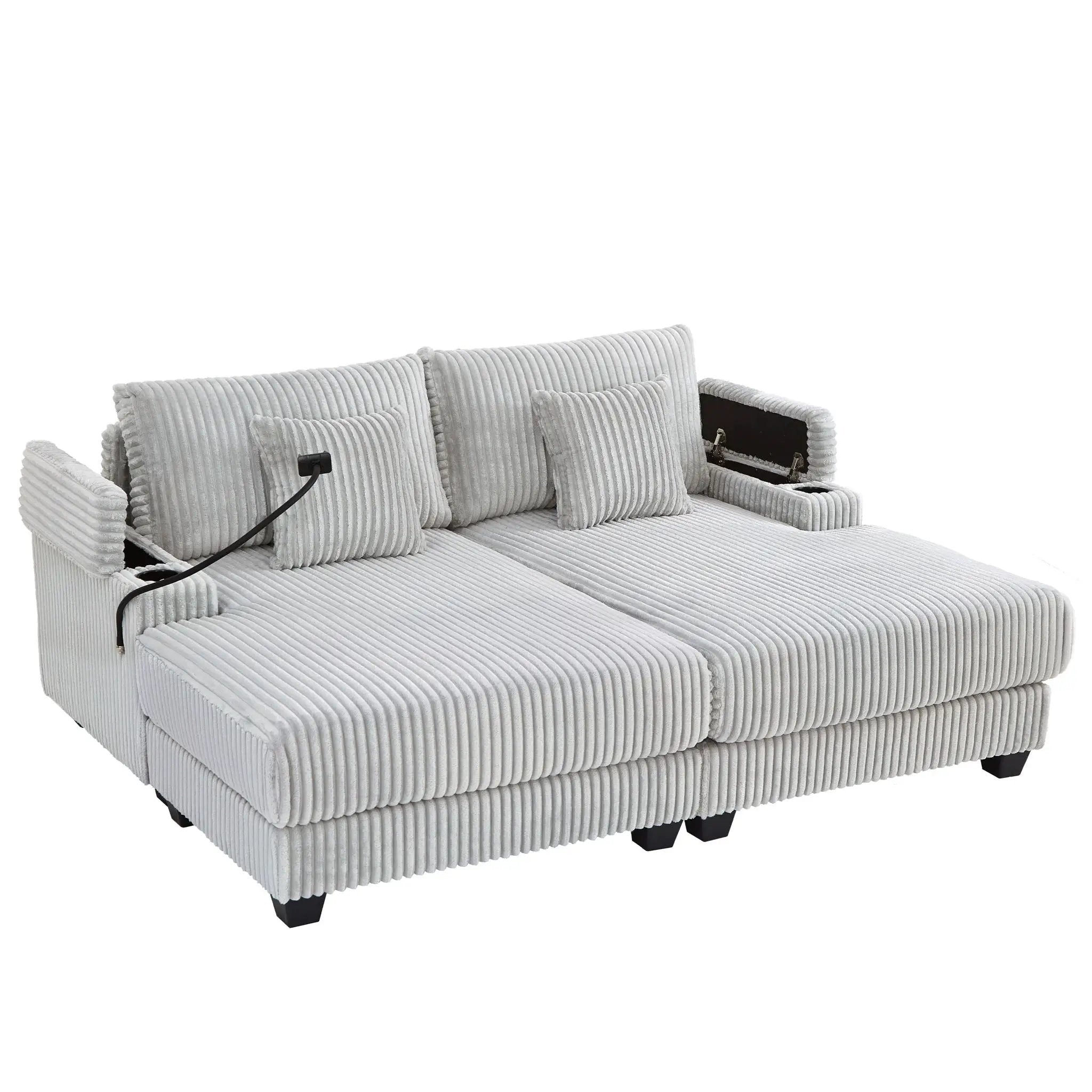 Modern Chaise Sofa With Adjustable Backrest, Cup Holders, Phone Holder & Storage Compartments For Living Room by Unique Piece Furniture