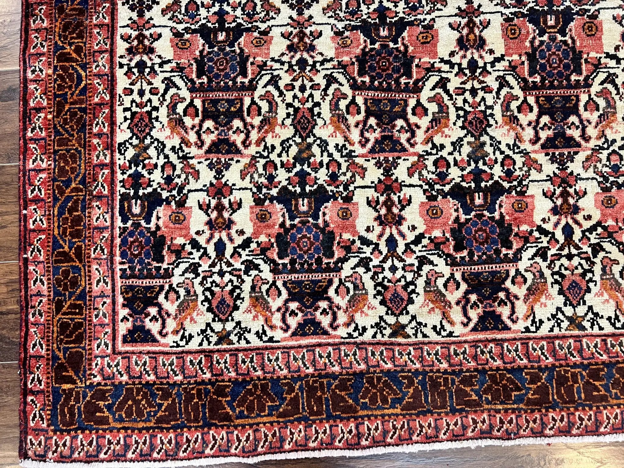 Persian Afshar Rug 6x8, Wool Hand Knotted Semi Antique Vintage Carpet, Floral Allover, Repeated Birds Flowers Vases Motifs by Jewel Rugs