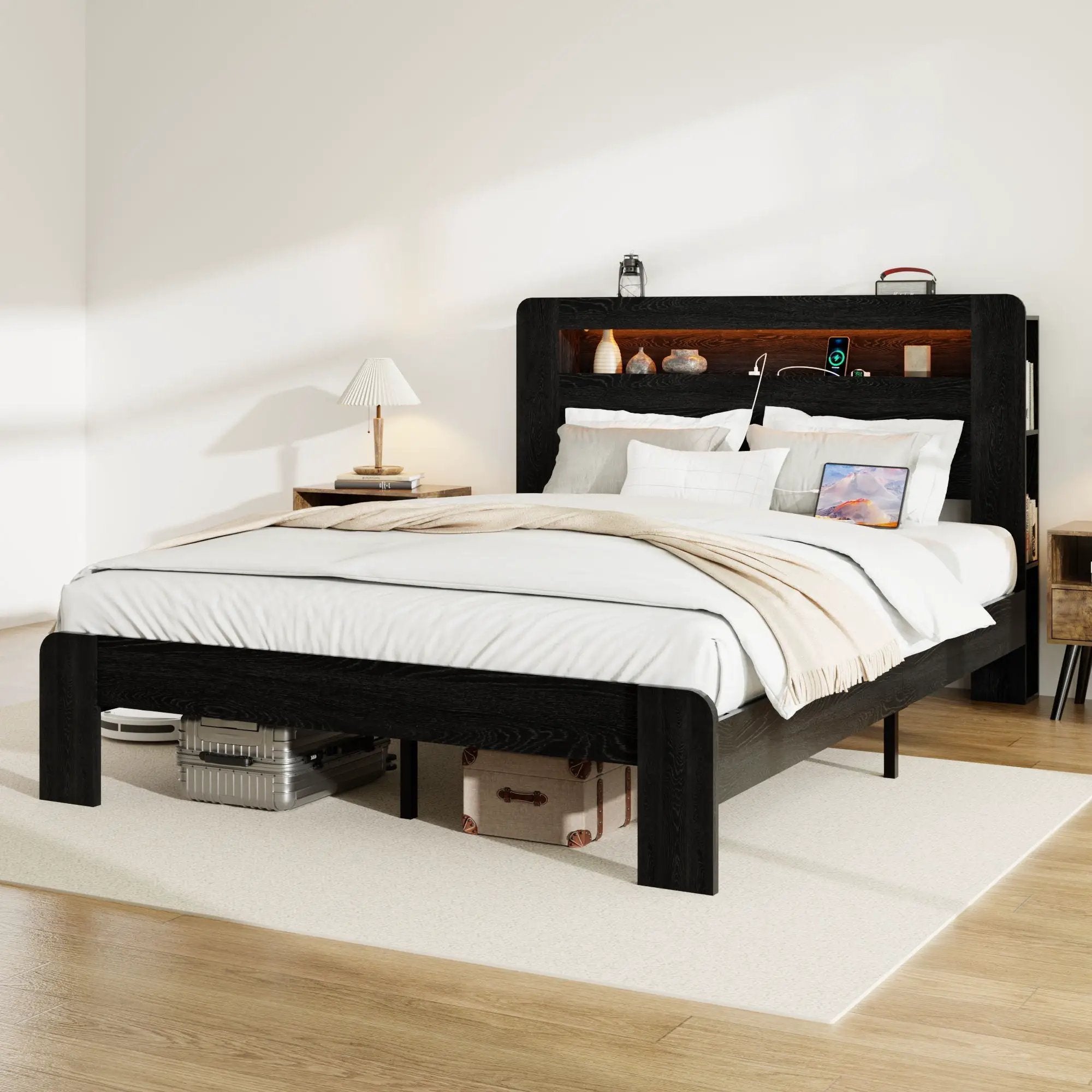 Wood Platform Bed Frame With Storage LED Light Headboard & USB by HouseOfZazla