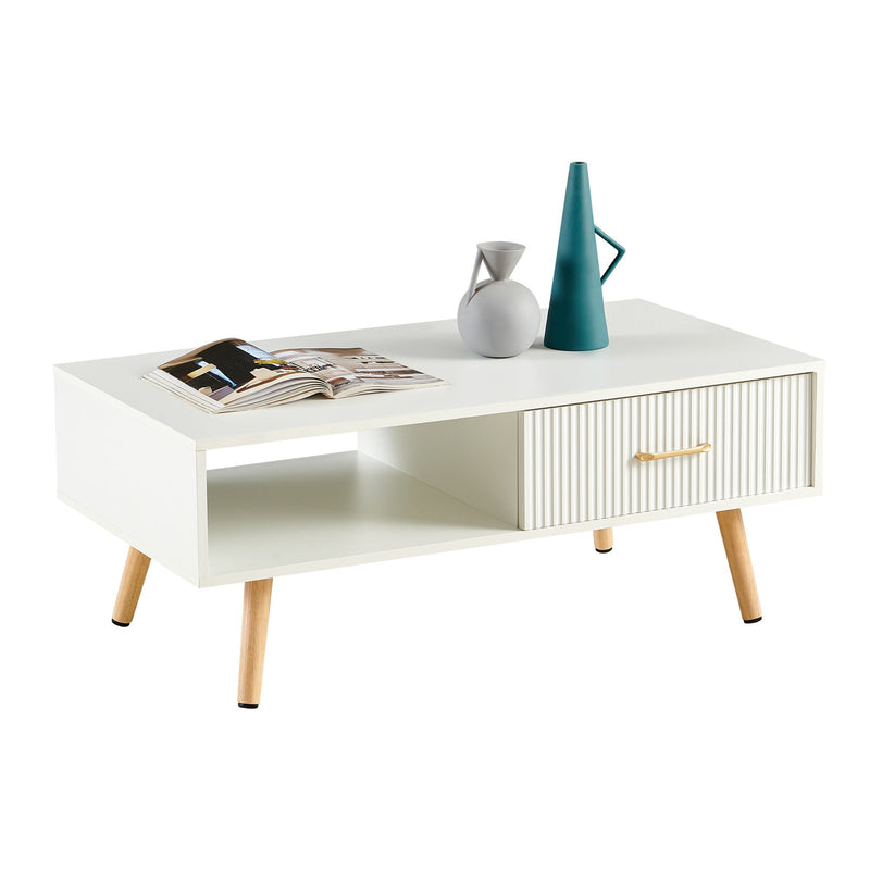 Modern Rectangle Coffee Table With Legs, Sliding Drawer For Storage - White by HouseOfZazla