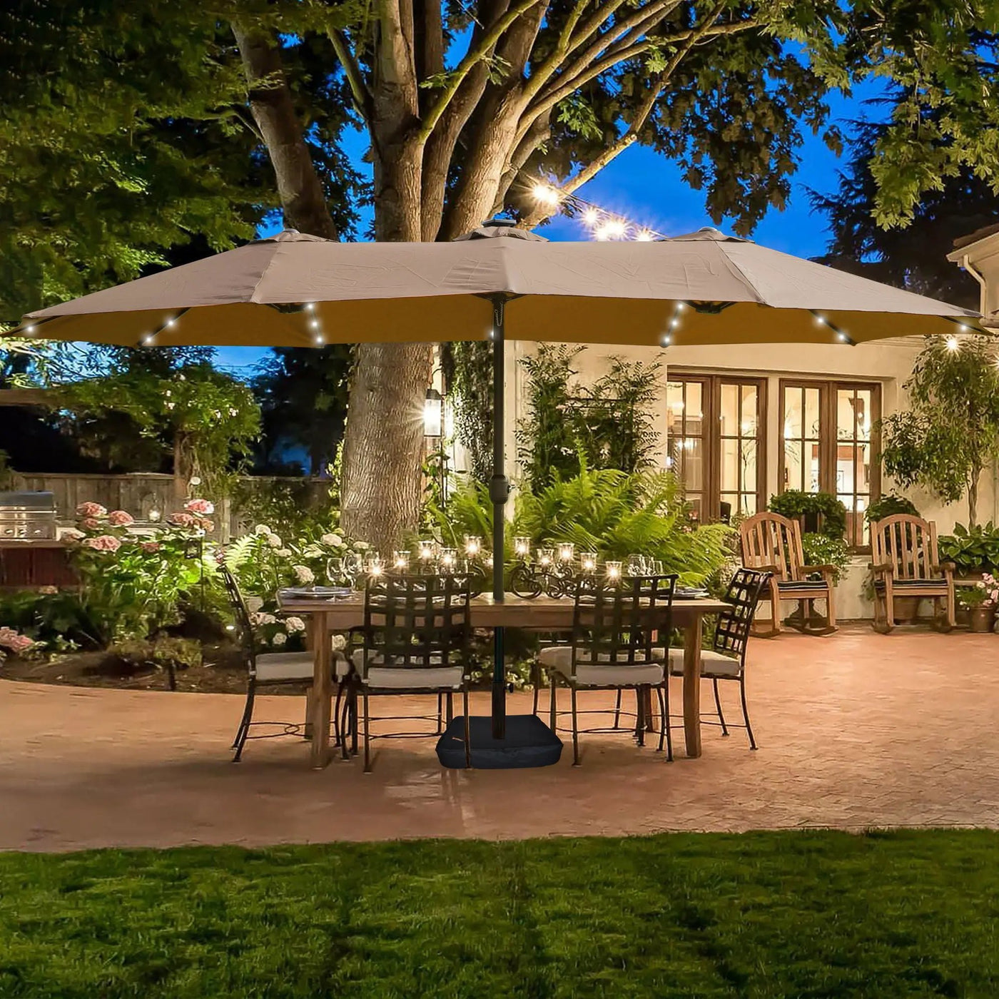 Double- Sided Outdoor Market Umbrella With Lights And Base by Unique Piece Furniture