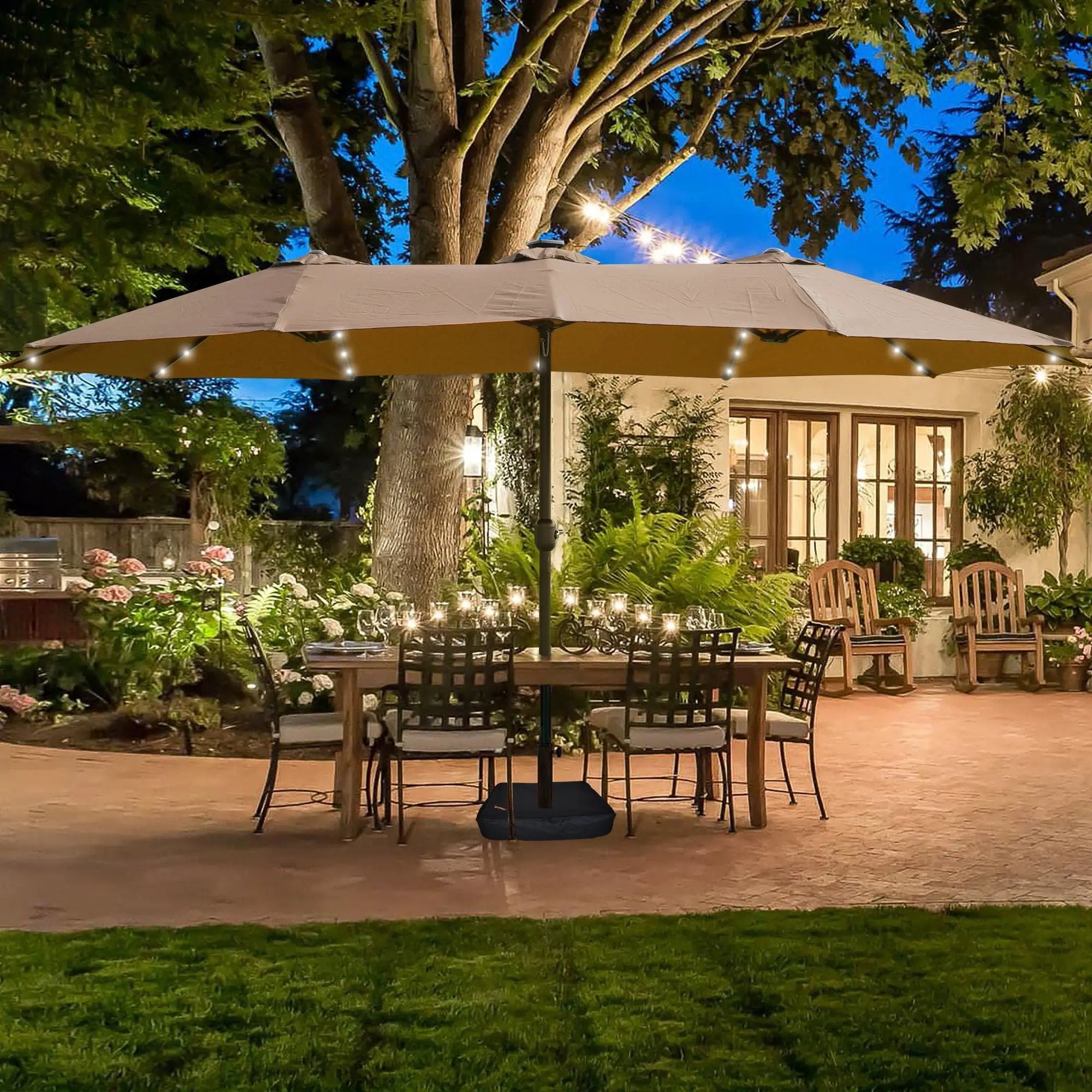 Double- Sided Outdoor Market Umbrella With Lights And Base by Unique Piece Furniture
