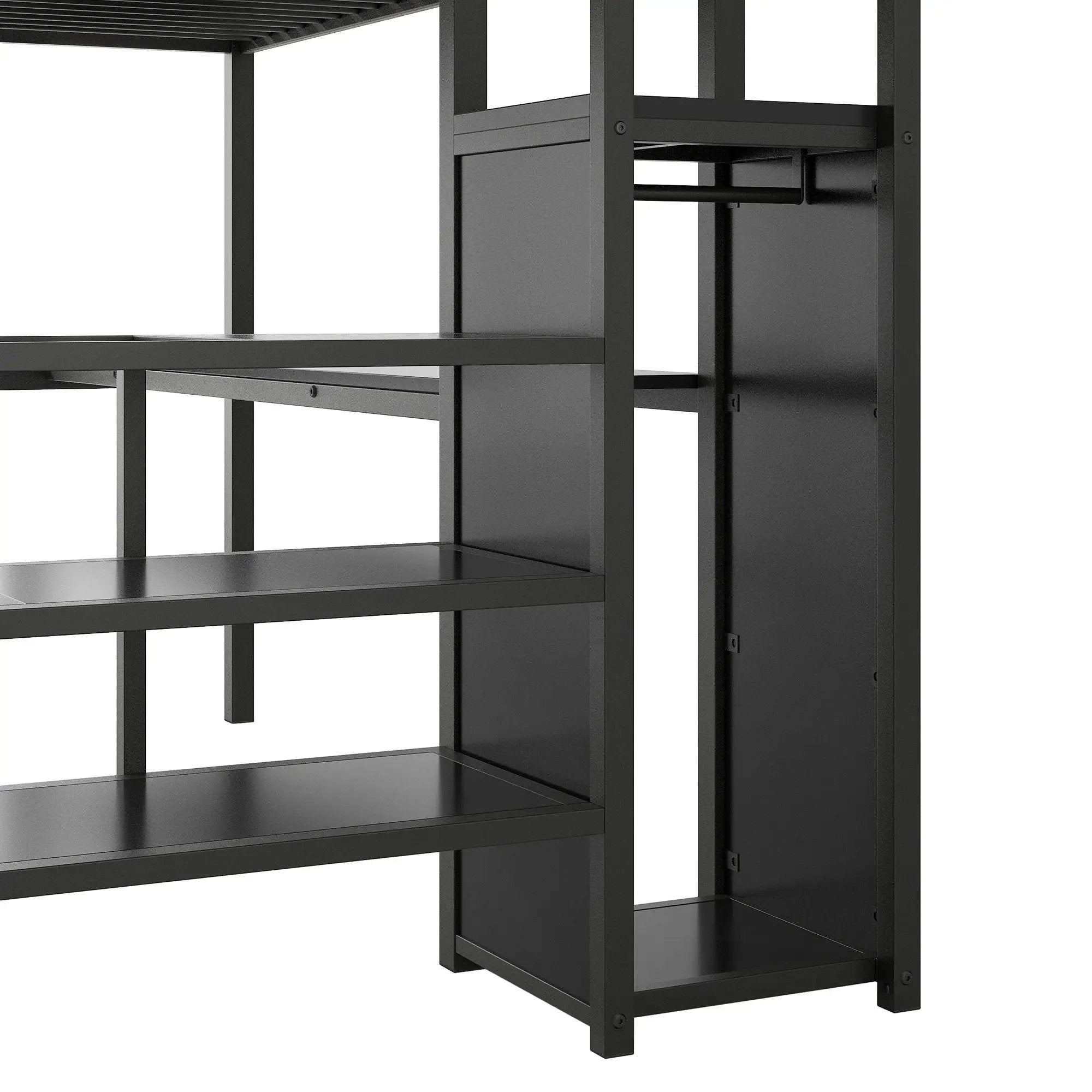 Full Size Loft Bed With Desk, Storage Staircase, Small Wardrobe And LED Light - Black by HouseOfZazla