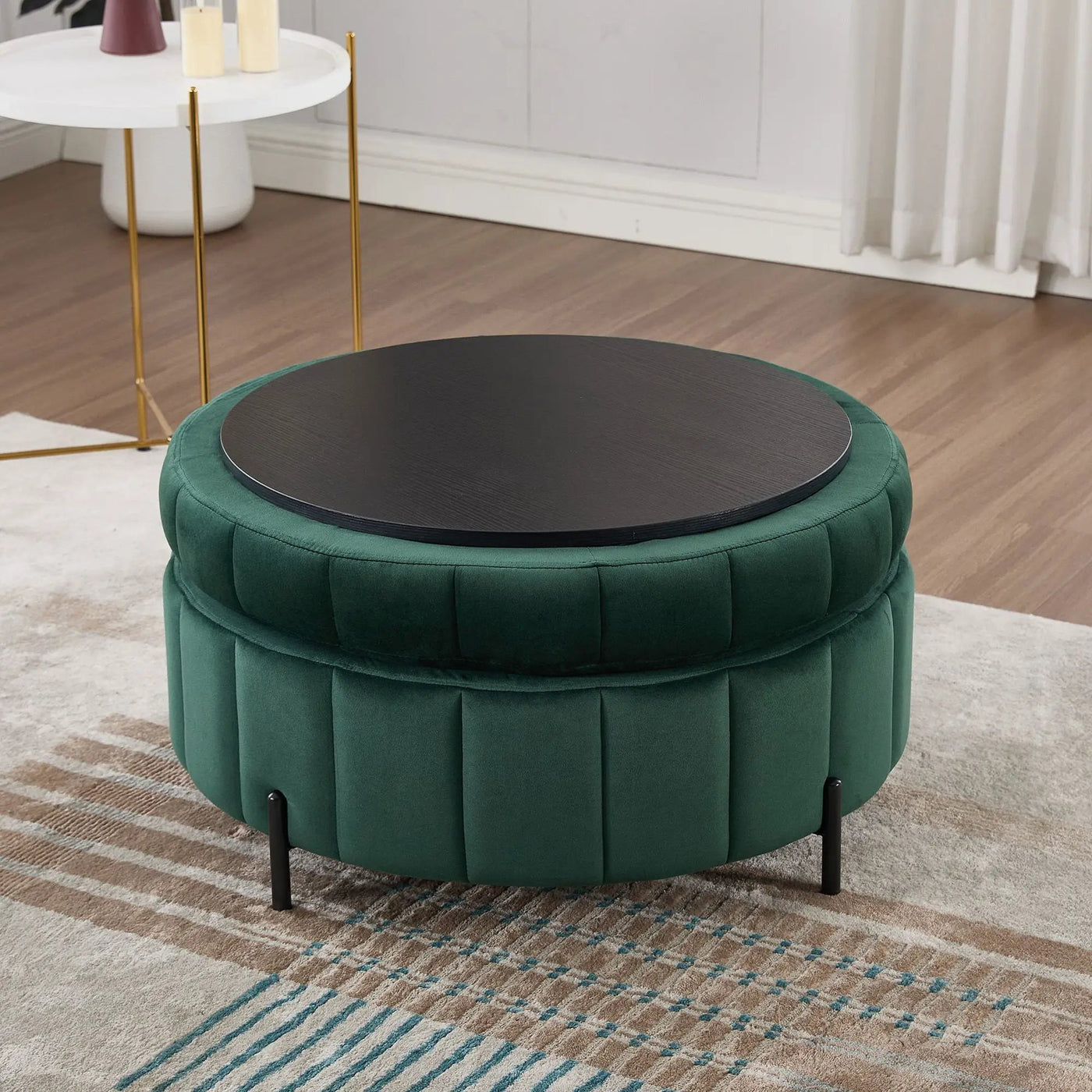 Upholstered Round Ottoman With Reversible Lid, Channel Tufted Pumpkin Shape by Unique Piece Furniture
