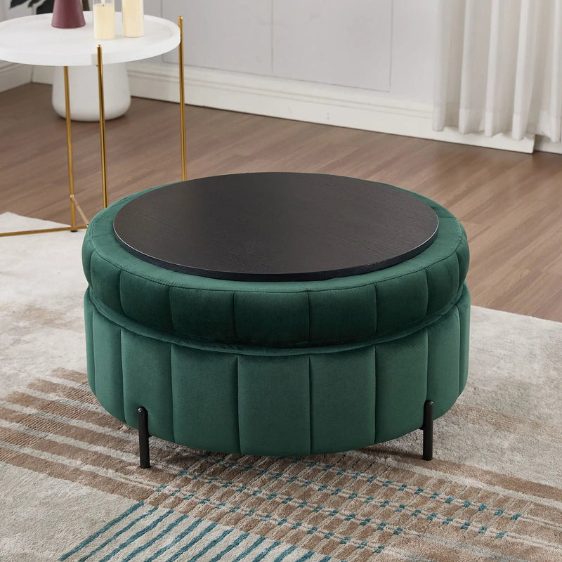 Upholstered Round Ottoman With Reversible Lid, Channel Tufted Pumpkin Shape by Unique Piece Furniture