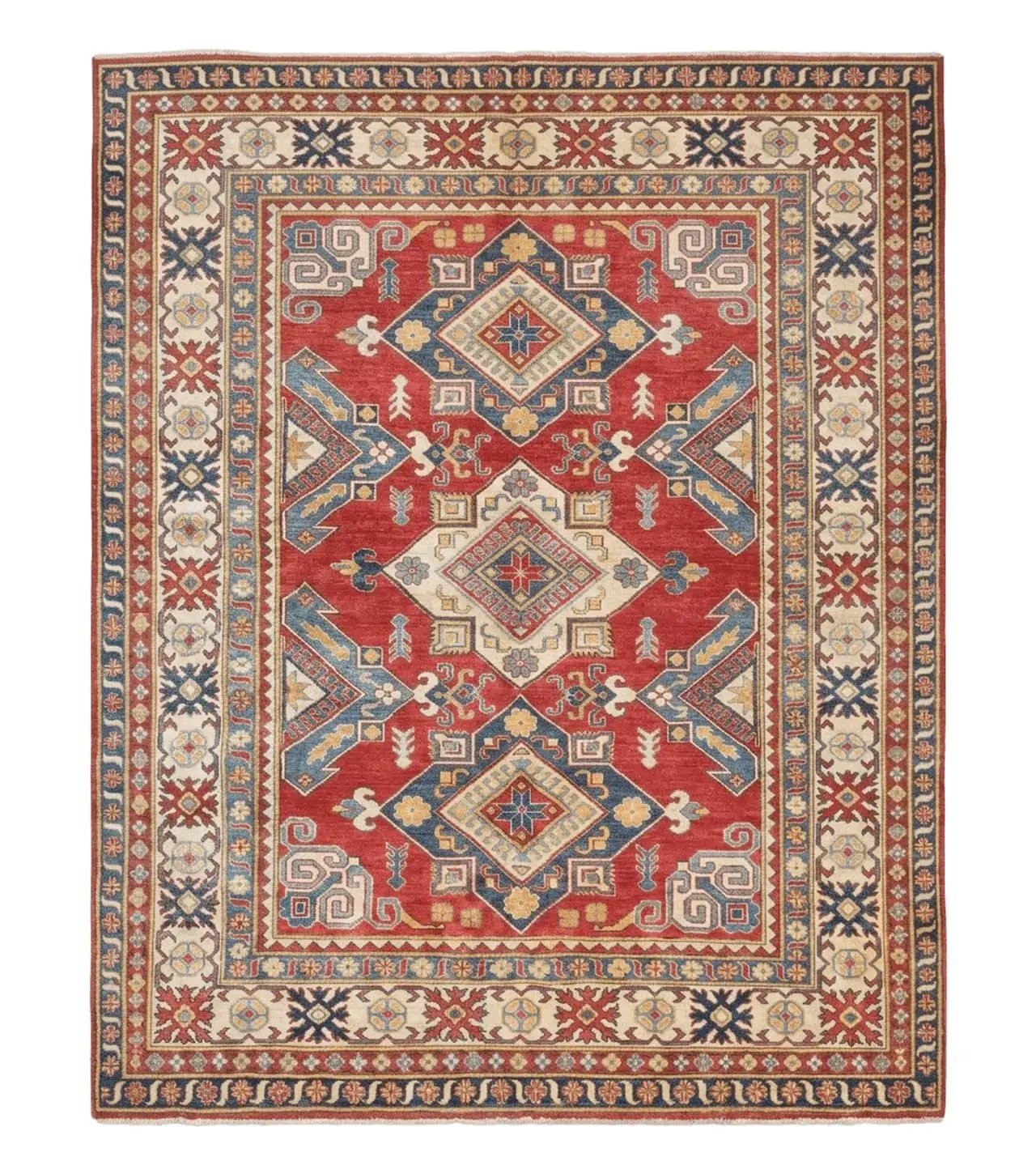 Turkish Kazak Rug 7.6 x 9.5, Geometric Medallions, Caucasian Pattern by Jewel Rugs
