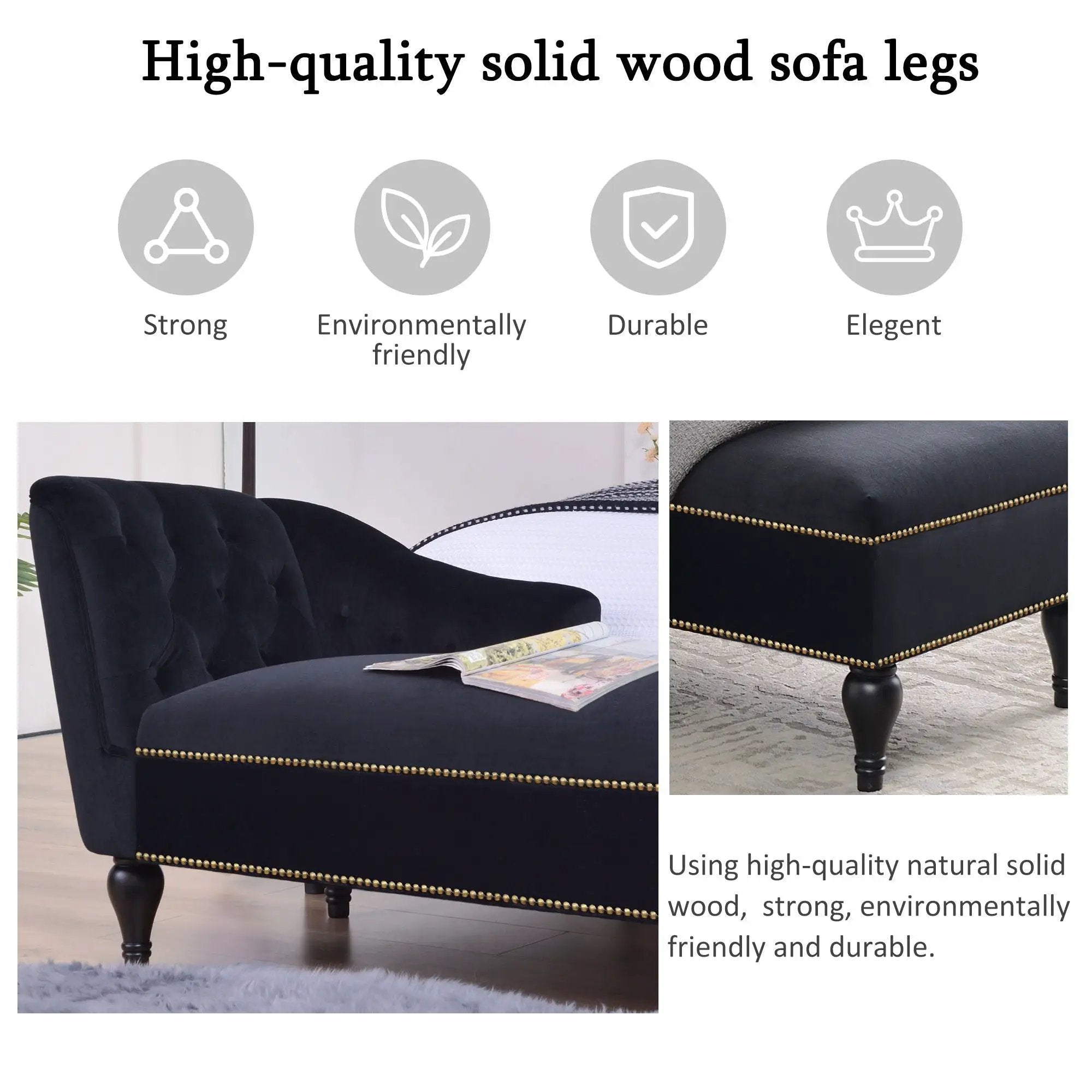 Velvet Chaise Lounge, Button Tufted Right Arm Facing Lounge Chair With Nailhead Trim For Living Room - Black by HouseOfZazla