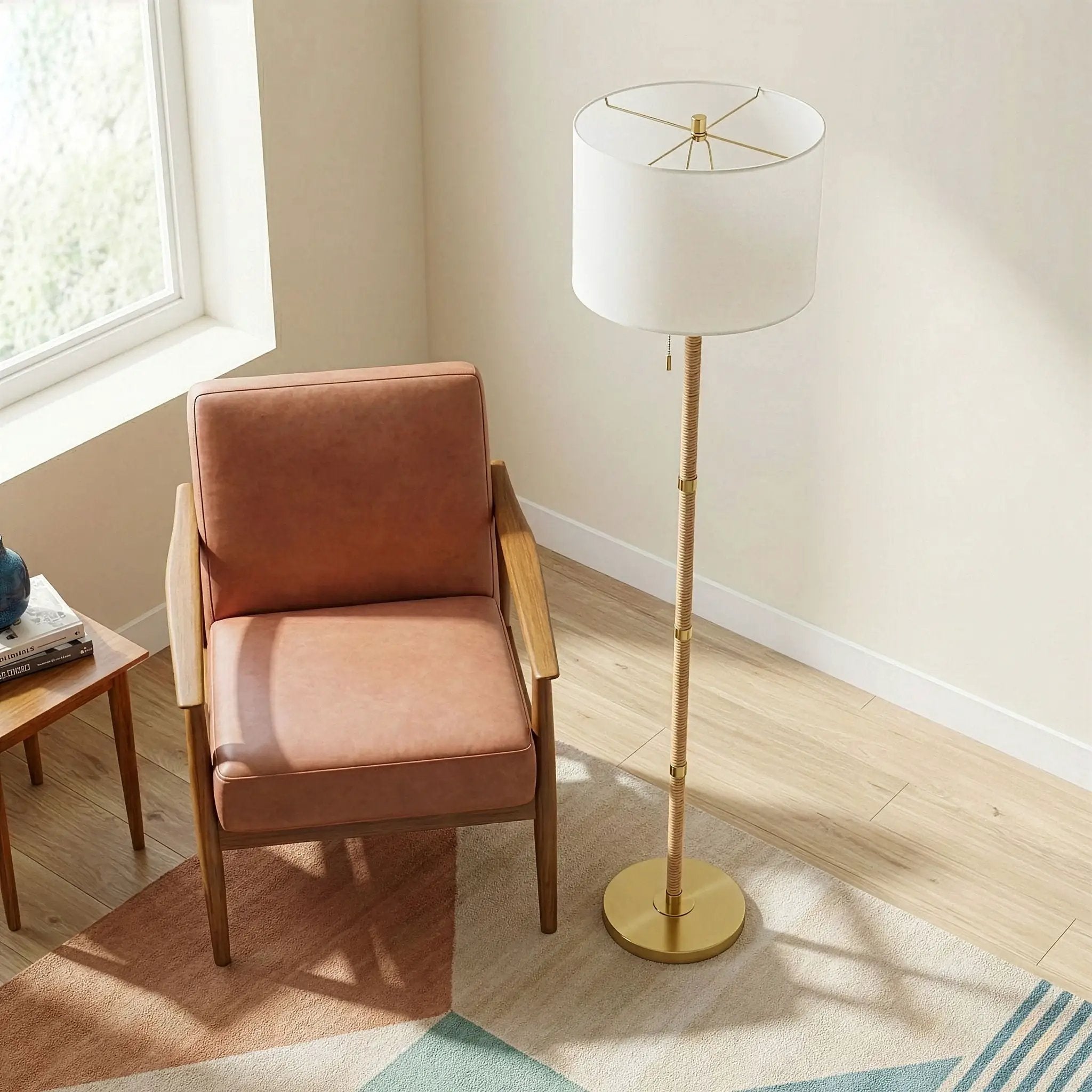 Stellar - Linen Shade Floor Lamp - Gold / Natural Wood / Rattan / White by Unique Piece Furniture